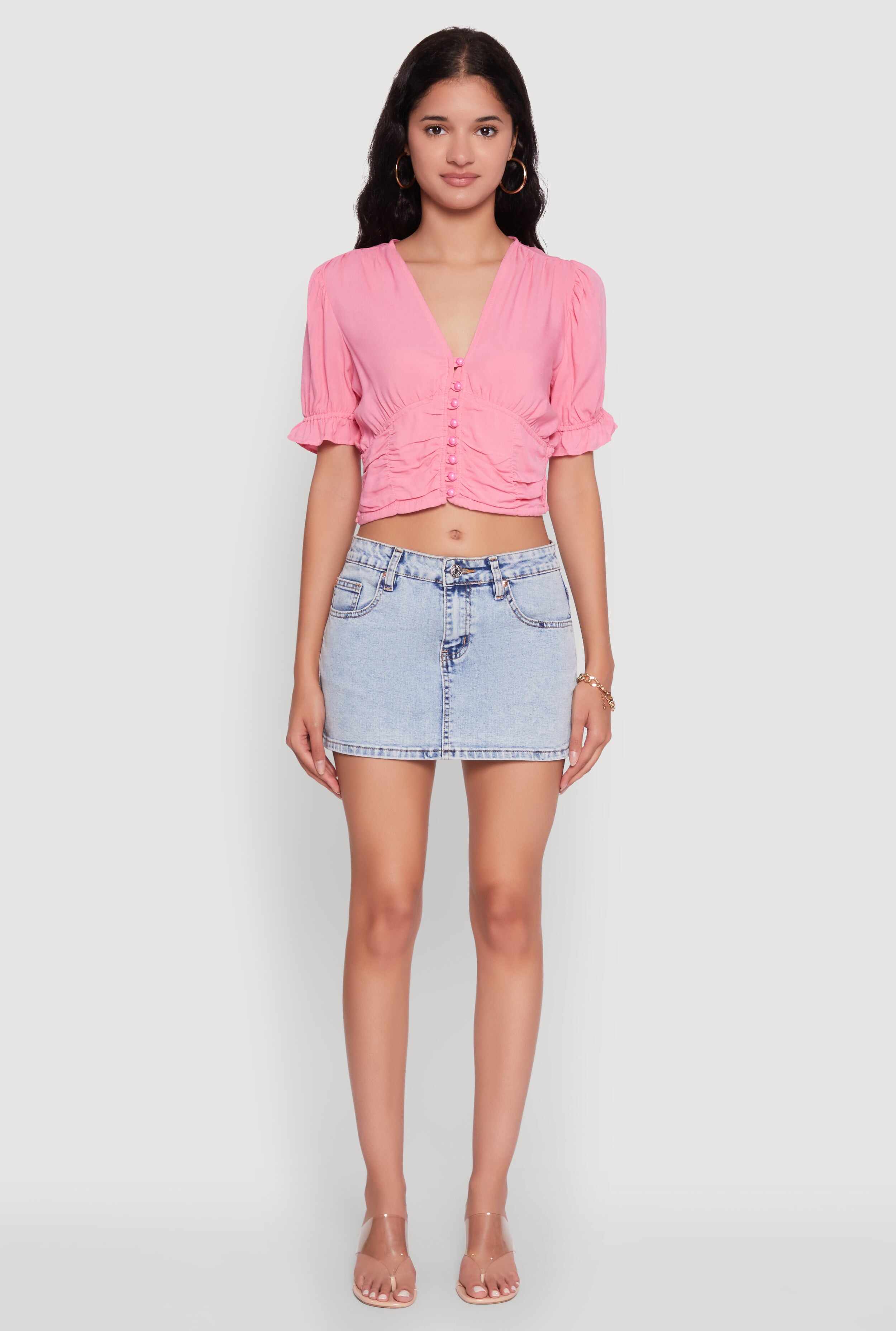 Trendy Puff Sleeve Button Front Peasant Crop Top