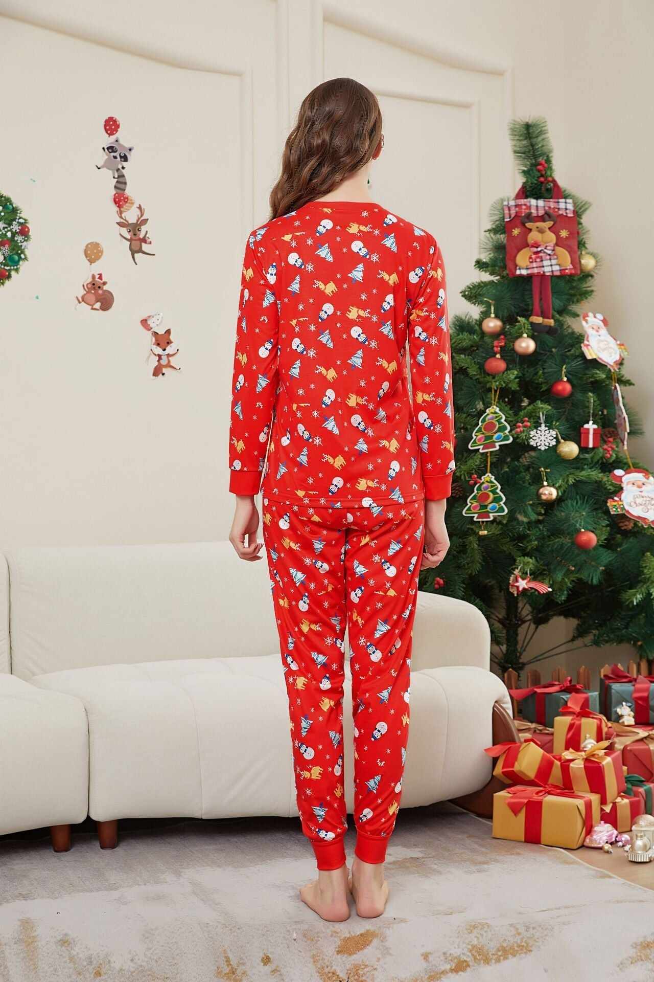 Family Parent-Child Christmas Tree Snowman Deer Printed Pajamas Set