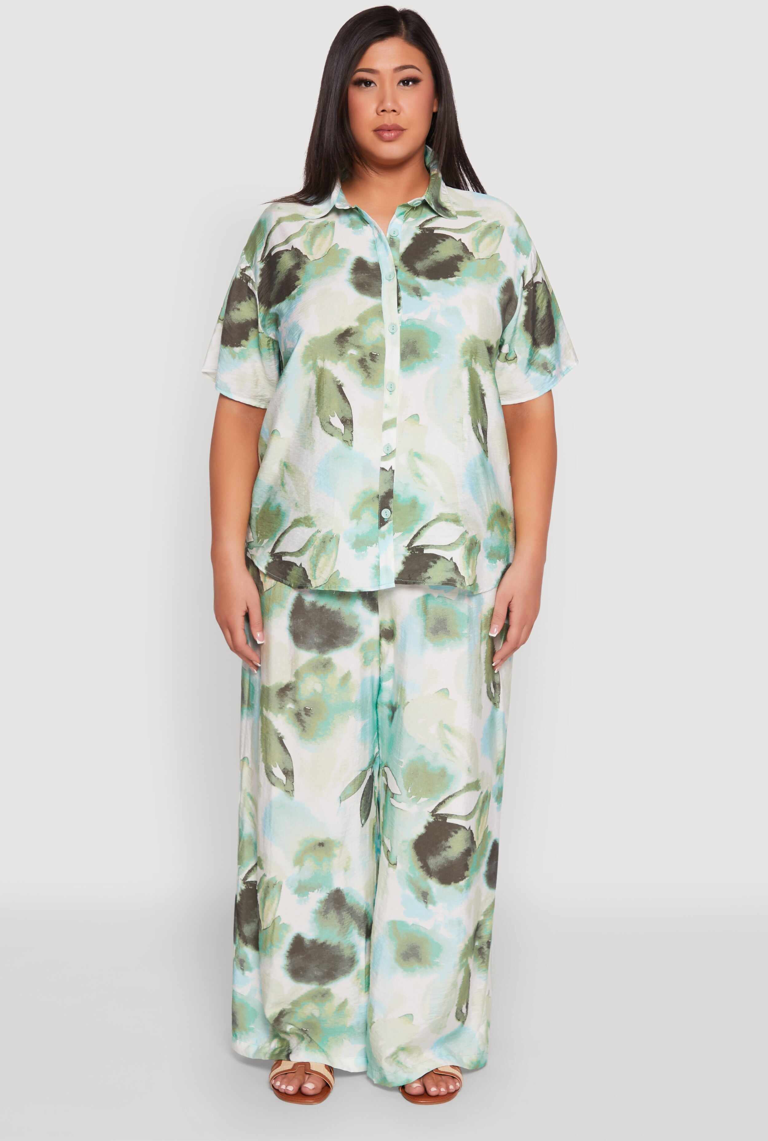 Plus Size Abstract Leaf Print Blouse