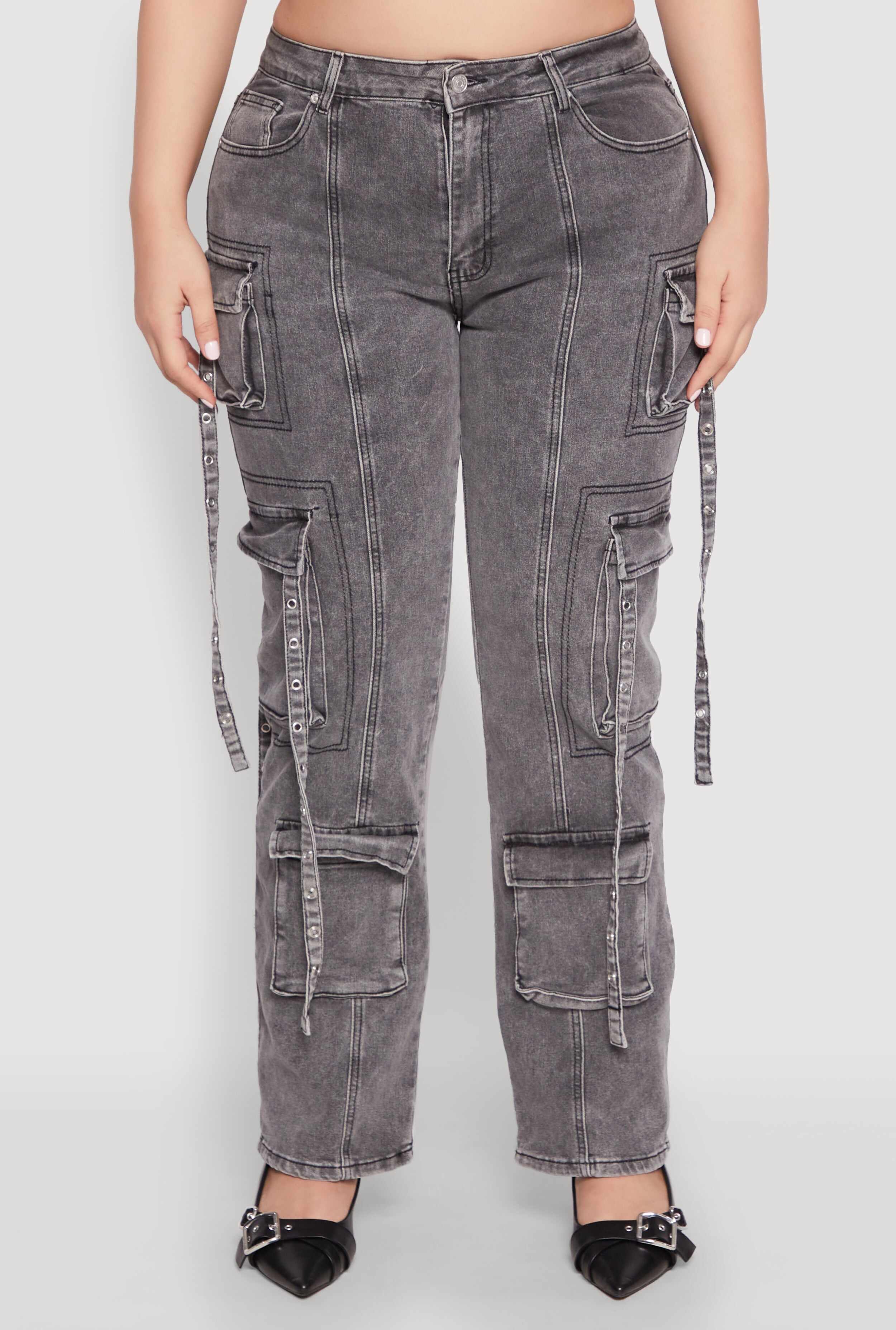 Plus Size Mineral Wash Pintuck Cargo Jeans