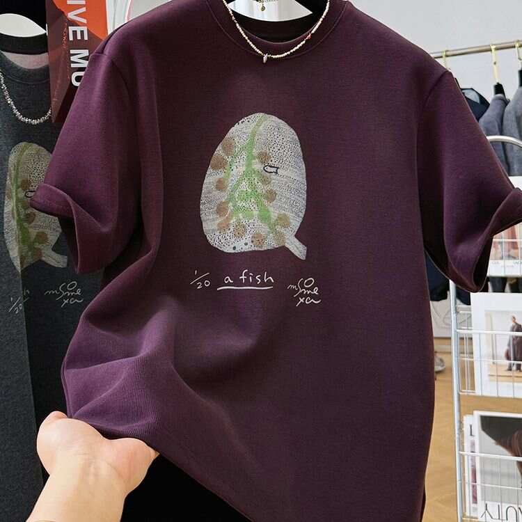 High-end Western Style Purple Brushed Thickened Short-sleeved T-shirt