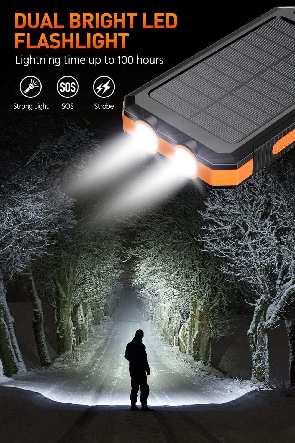 Power-Bank-Portable-Charger-Solar - 36800mAh Waterproof Portable External Backup Battery Charger Built-in Dual QC 3.0 5V3.1A Fast USB and Flashlight for All Phone and Electronic Devices (Deep Orange)