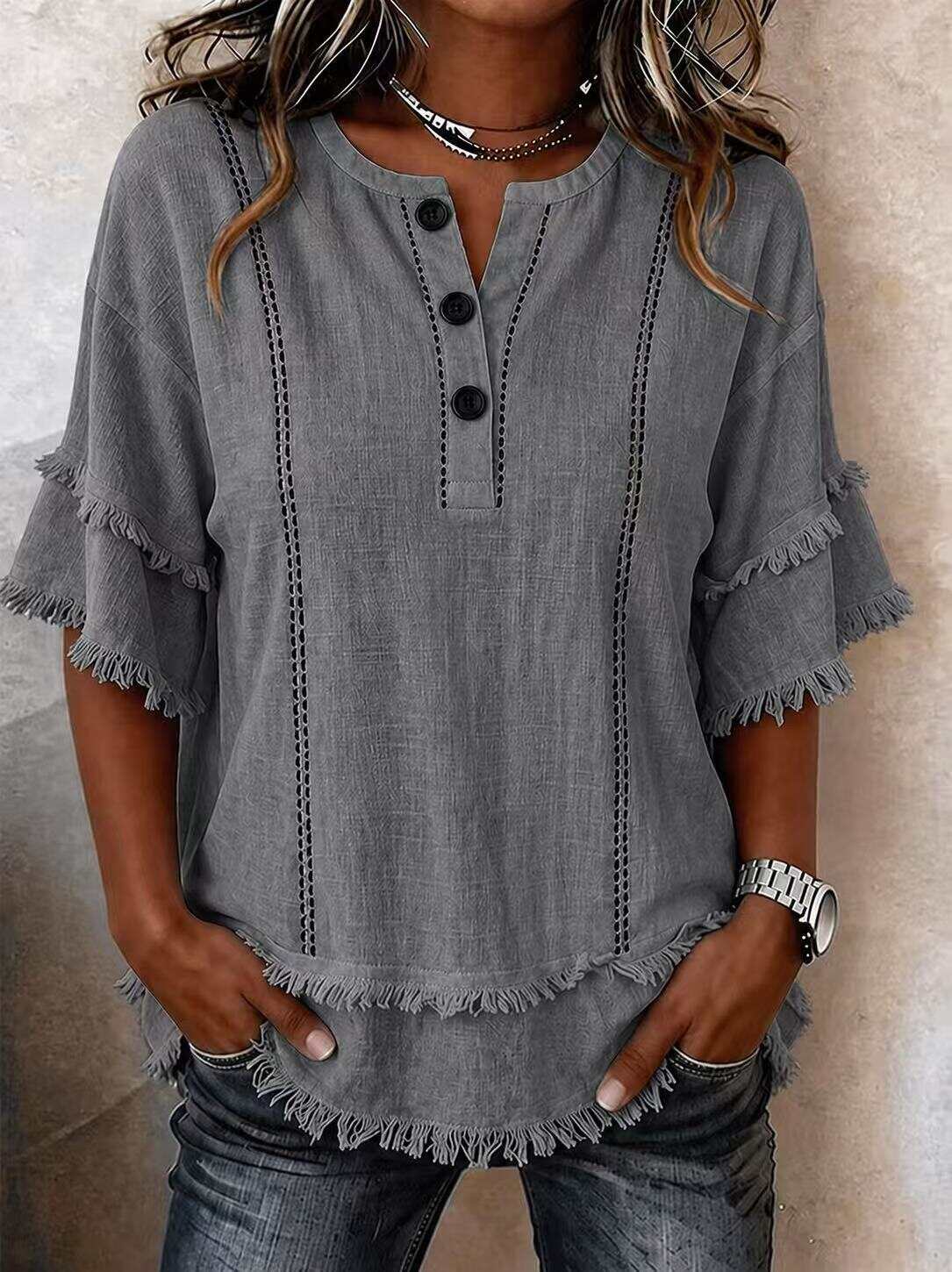 New Printed Button-Front Henley Frayed Lace Trim Top