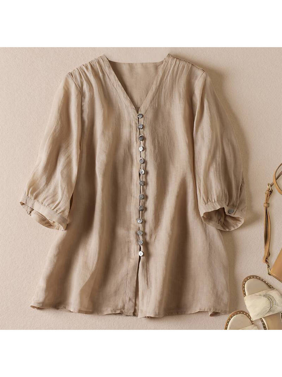 🔥Summer Arrivals🌟Women's V Neck Cotton and Linen Shirt