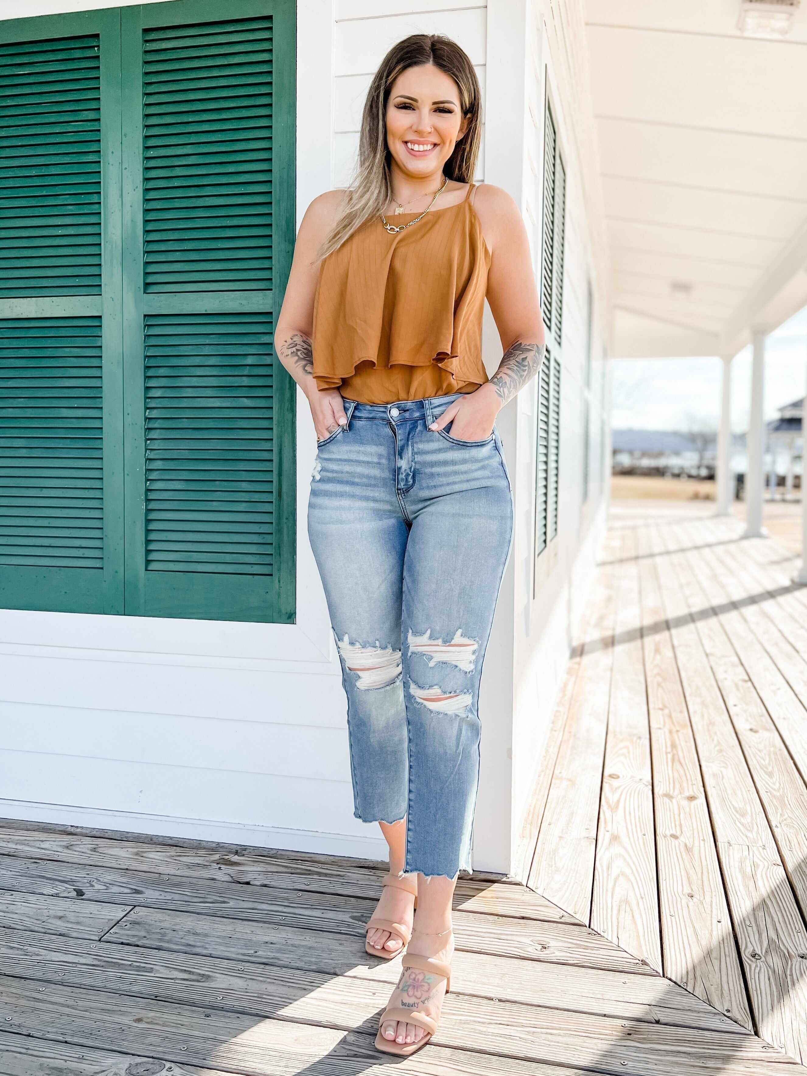 🔥Hot Sales🔥Look At Me Now Medium Wash Mid Rise Distressed Cropped Straight Leg Jeans