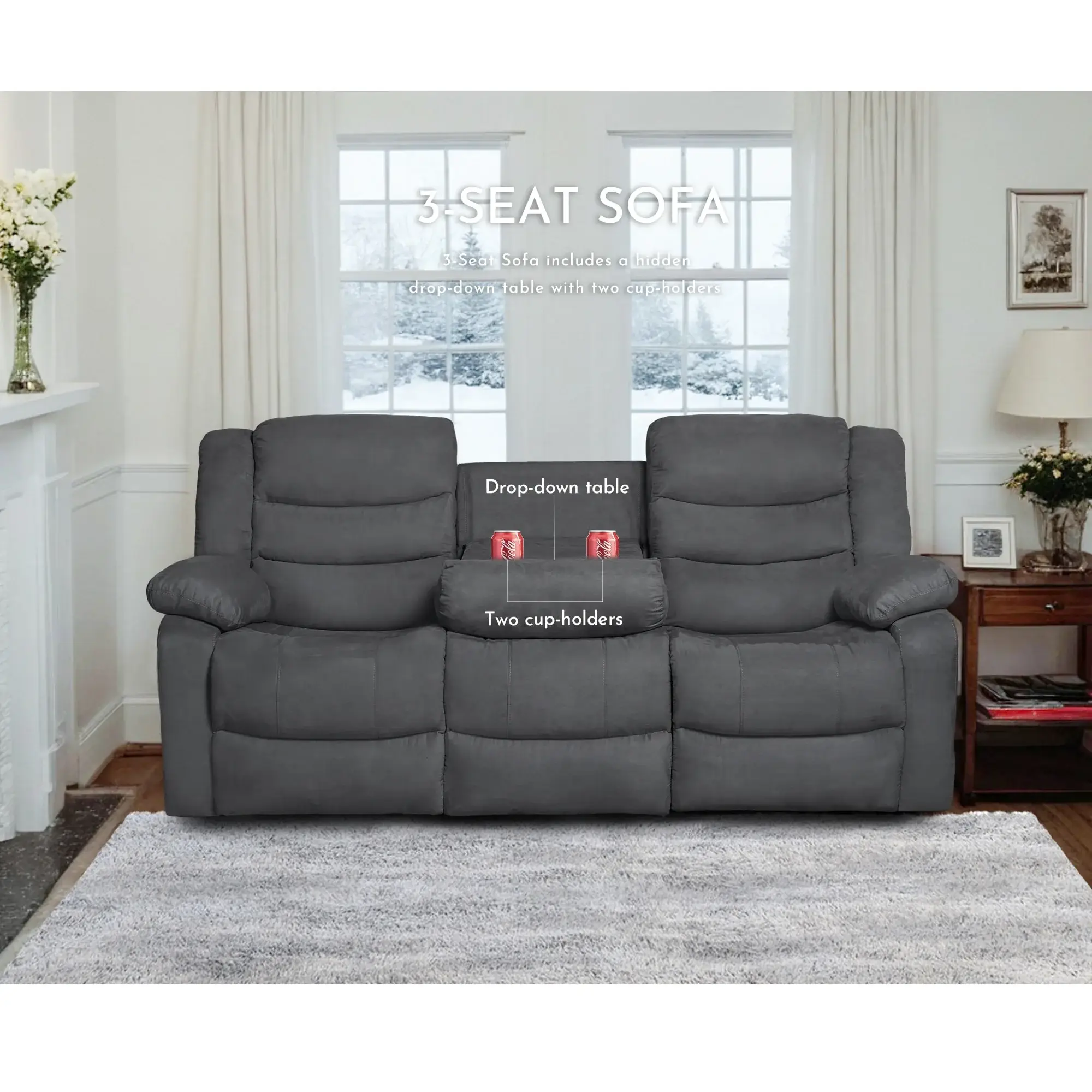 Modern 3-Piece Manual Reclining Living Room Sofa Set with Dropdown Table and Console