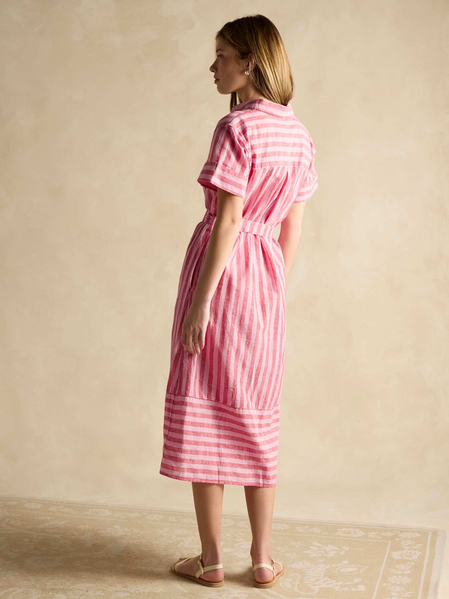 Carrie Red/Pink Stripe Linen & Cotton Belted Shirt Dress