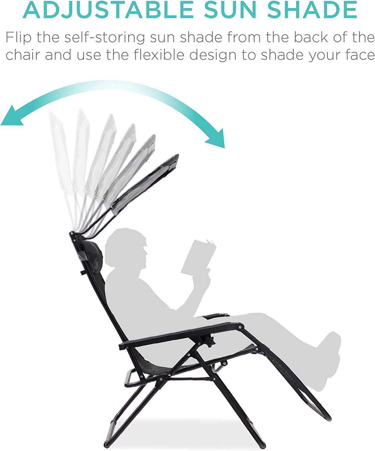 Folding Zero Gravity Recliner Patio Lounge Chair w/Adjustable Canopy Shade, Headrest, Side Accessory Tray, Textilene Mesh - Beige