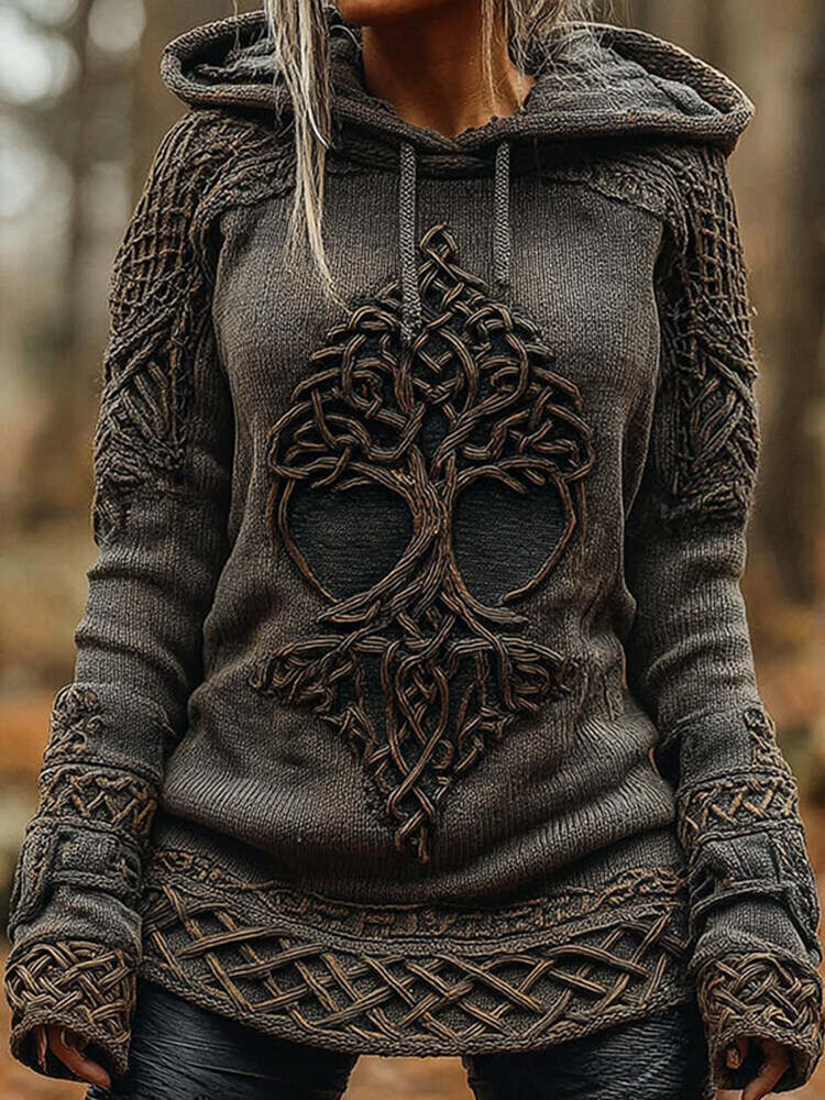 Women's Viking Celtic Knot Tree Of Life Knitted Warm Hooded Sweater