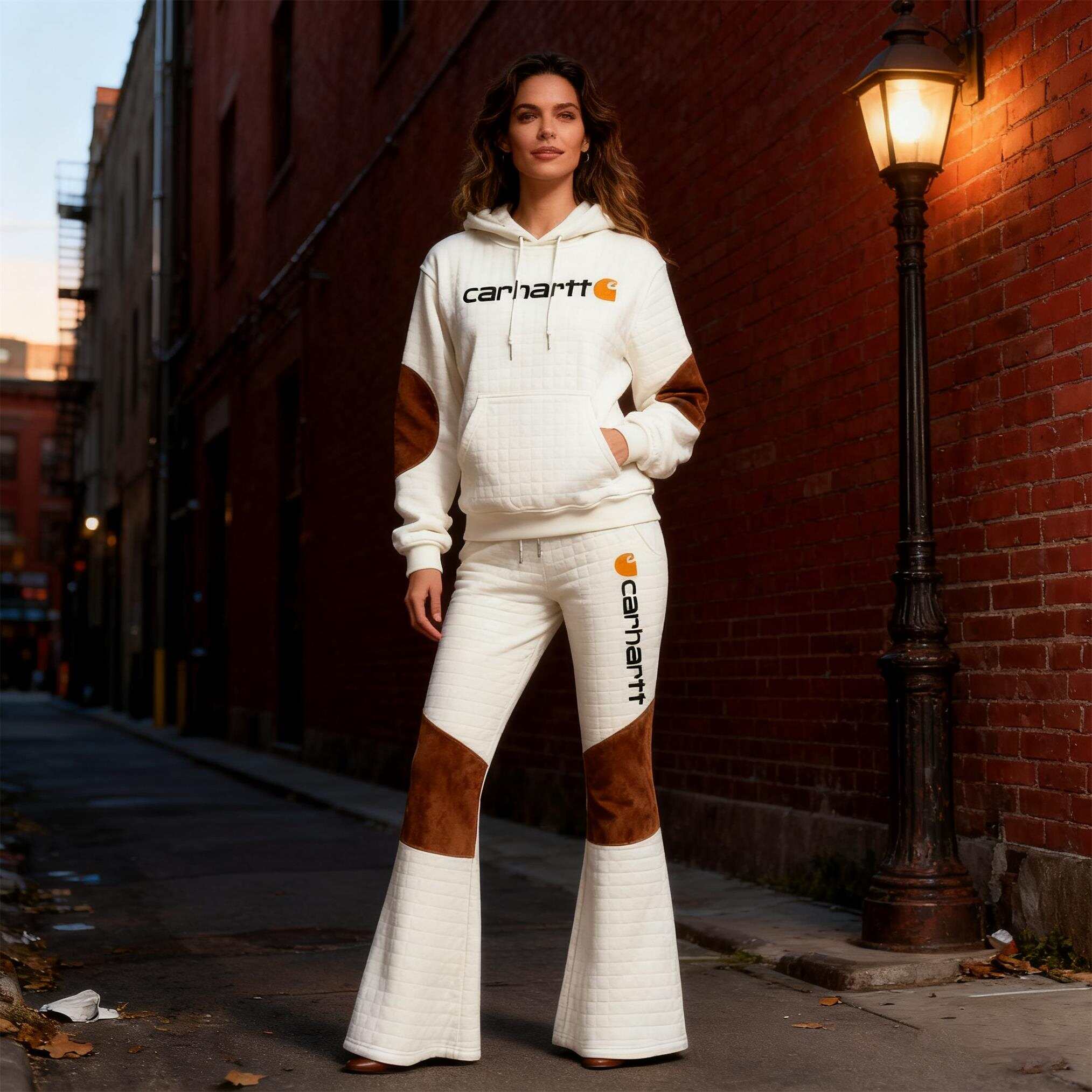 Women's Vintage White Quilted Plaid Waffle Brown Suede Pocket Sweat Suit