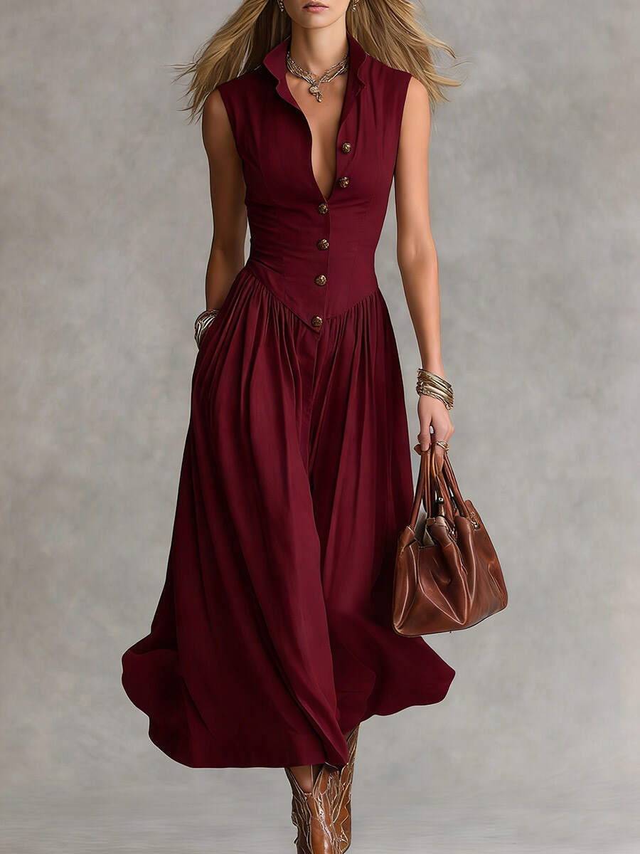 🔥Summer Arrivals🌟Women's Solid Color Collared Sleeveless Casual Loose Cotton Linen Dress