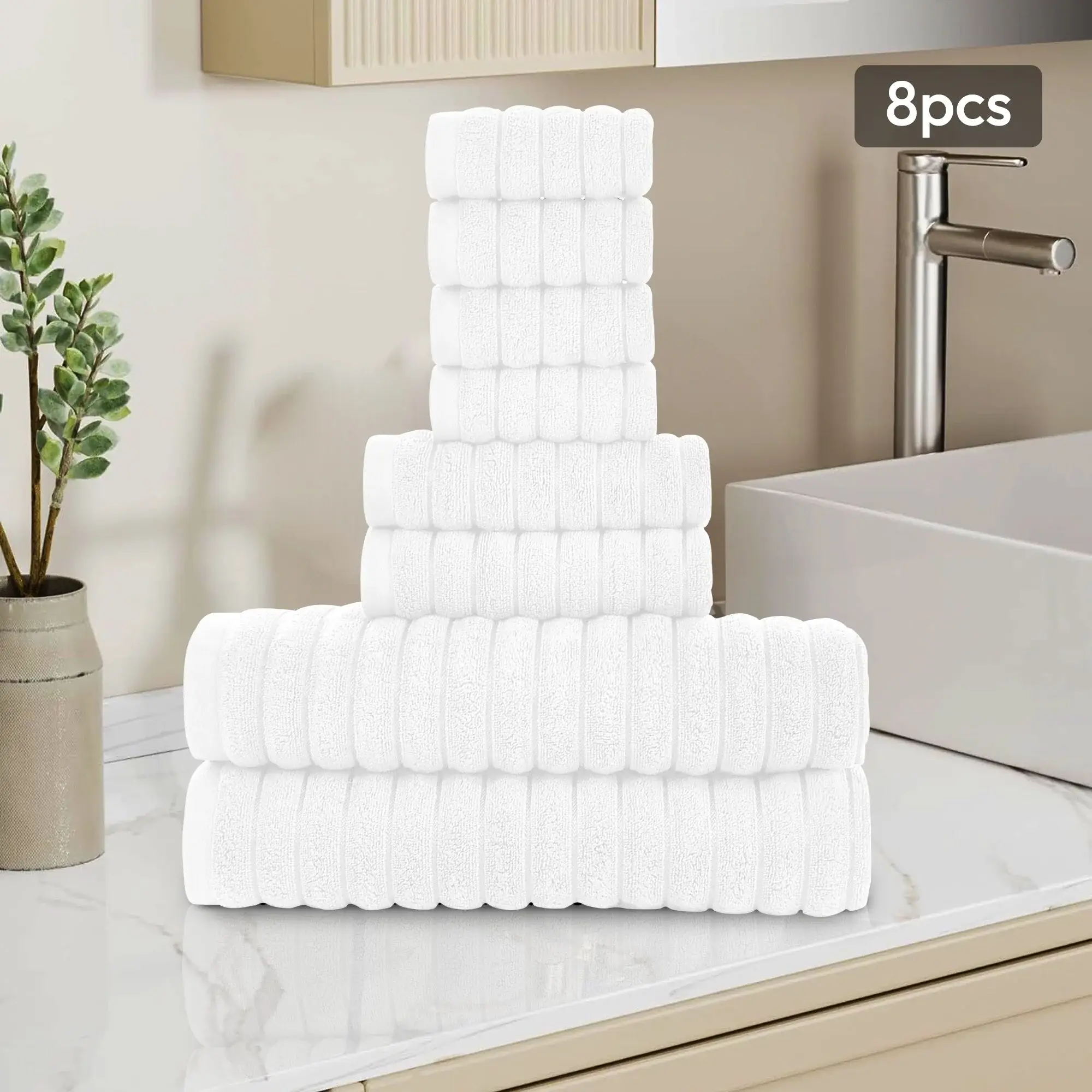 8 Piece Oversized Bath Towel Set, 100% Cotton Bath Towels, Highly Absorbant Bordered Towels
