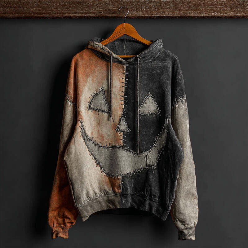 Halloween Pumpkin Face Contrast Patchwork Washed Hoodie