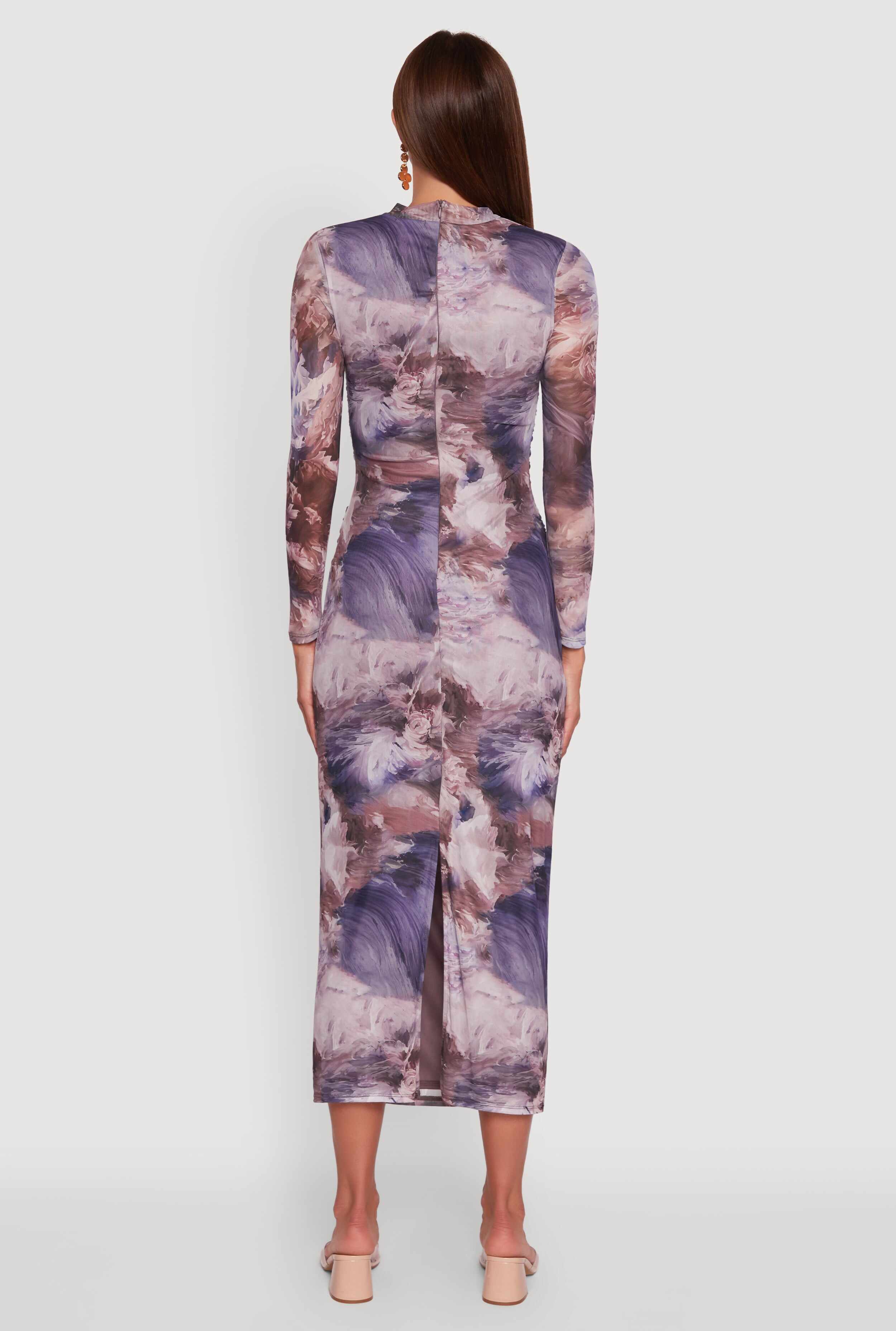 Printed Patterned Long Sleeve Side Ruched Mesh Midi Dress