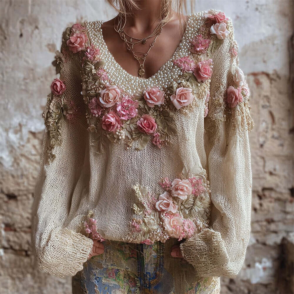 Boho Floral Pearl Embellished Embroidered Vintage Art Women's V-neck Sweater