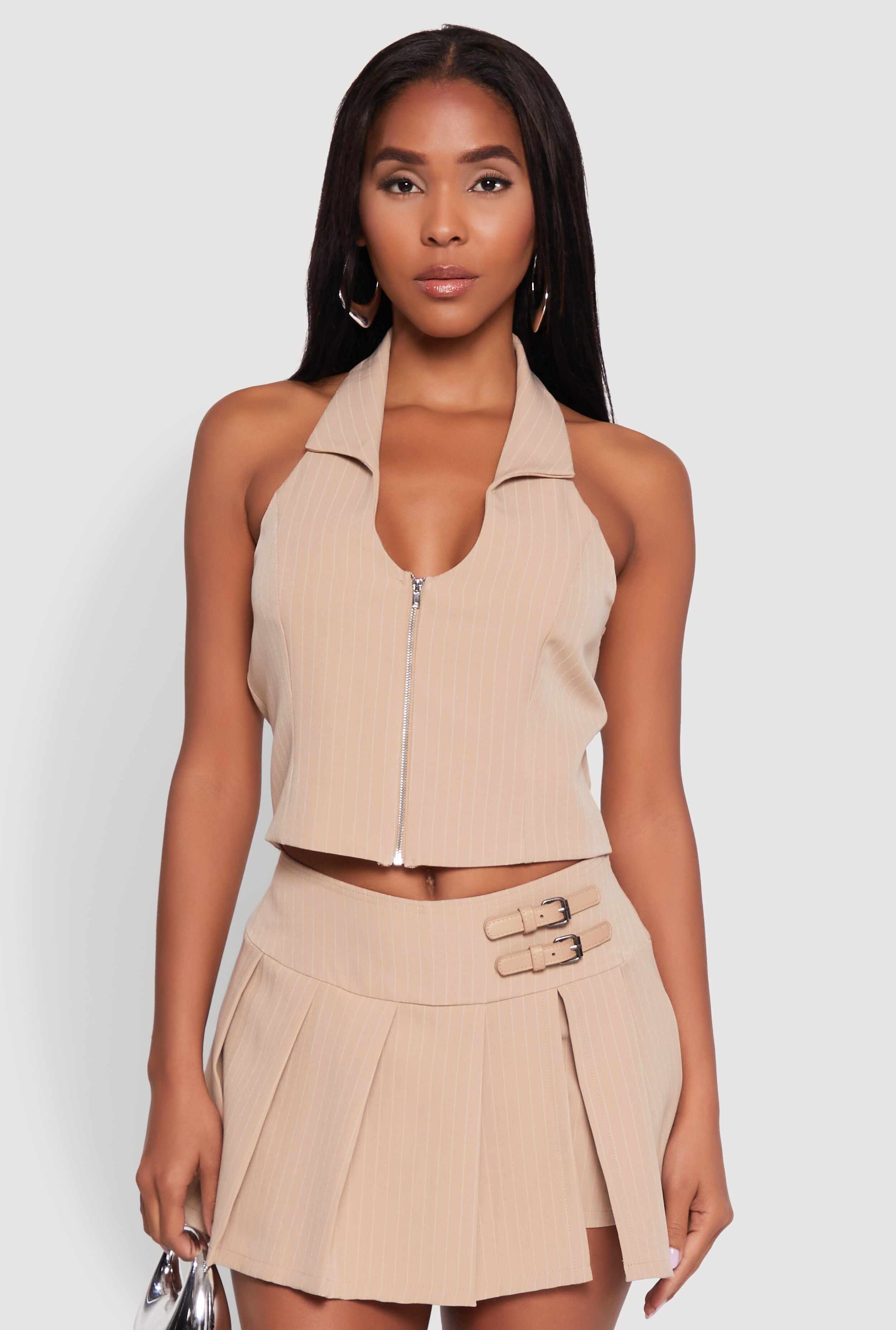 Iris Pinstripe Zip Front Collared Halter Top