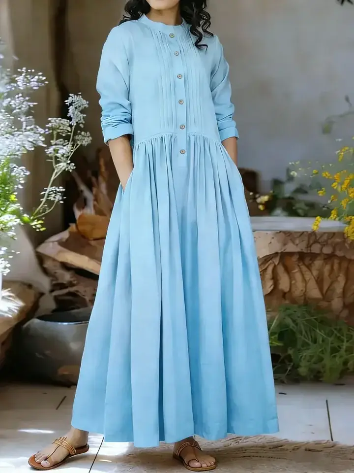 🔥Summer Arrivals🌟Women's Solid Color Stand-collar Long-sleeved Loose-fitting A-line Cotton Dress