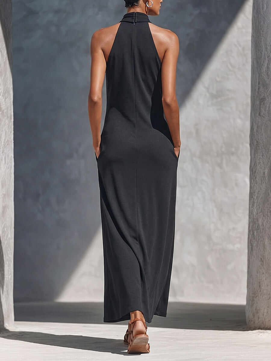 Women's Solid-color Cowl-neck Sleeveless Casual Loose-fit Cotton Dress