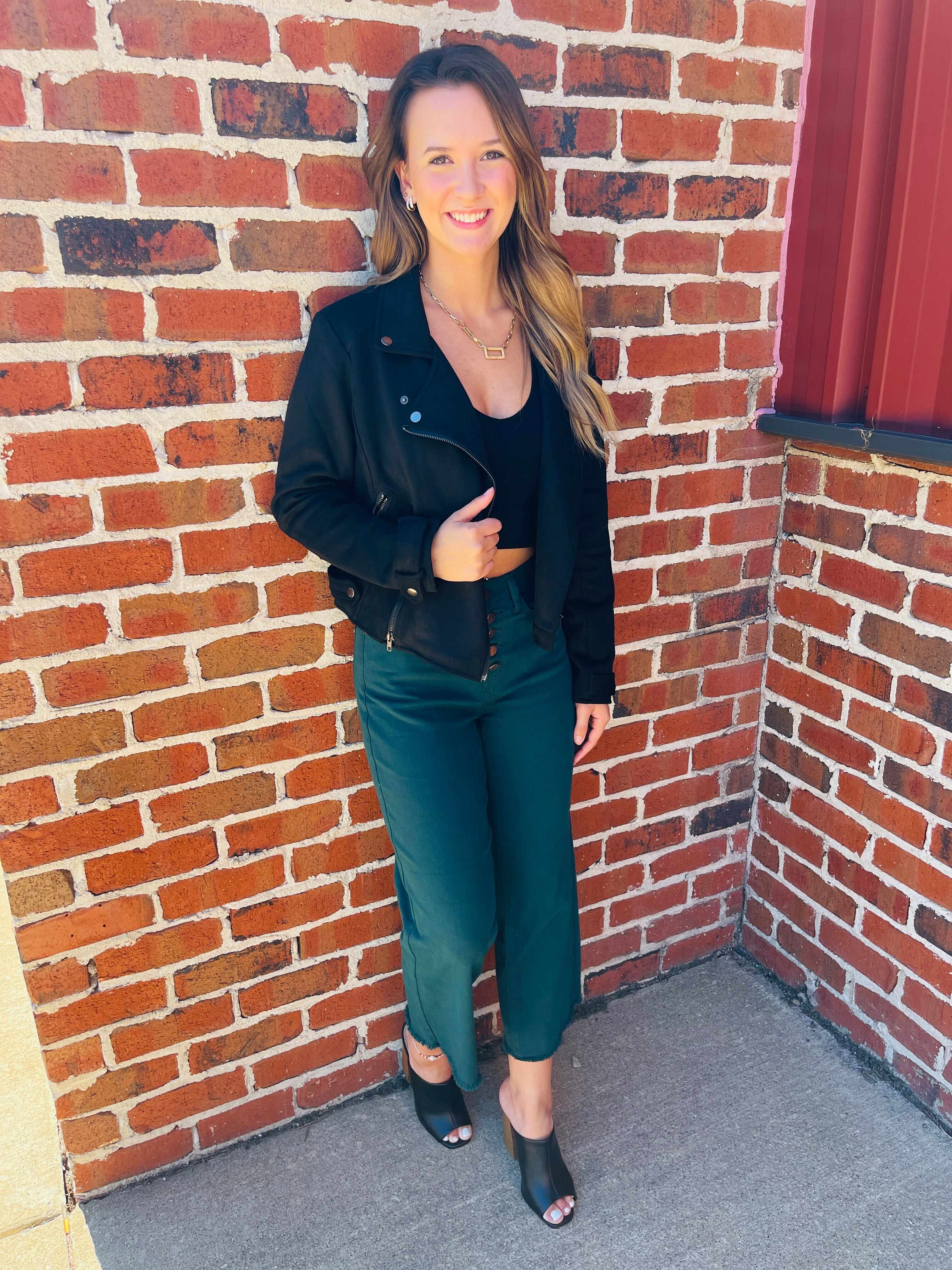Plus/Reg Bright As A Button Fly Wide Leg Teal Jeans