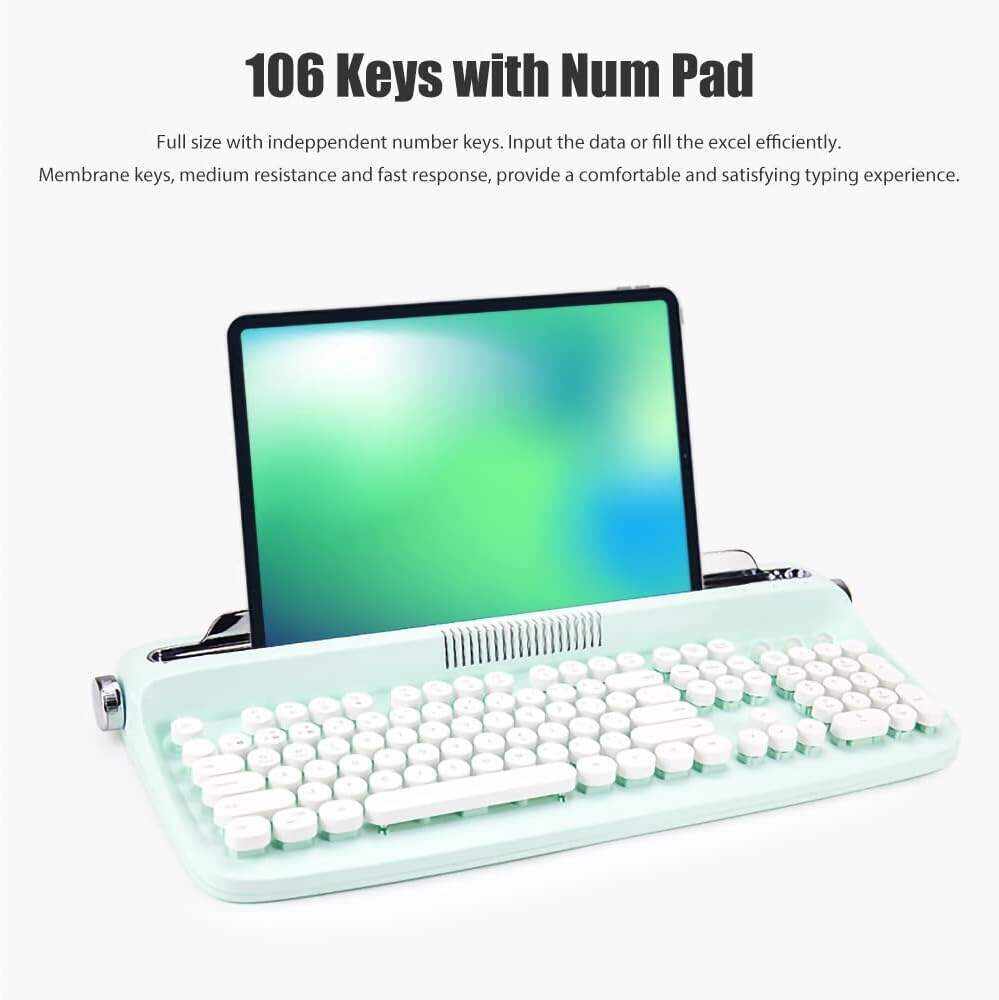 Typewriter Keyboard Wireless Bluetooth 5.0 Retro Aesthetic Cute Kawaii Round Keycaps 106-Key with Num Pad Clicky Mechanical Feeling with Pad/Phone Holder for Windows/Mac OS/Android/iOS (Mint)