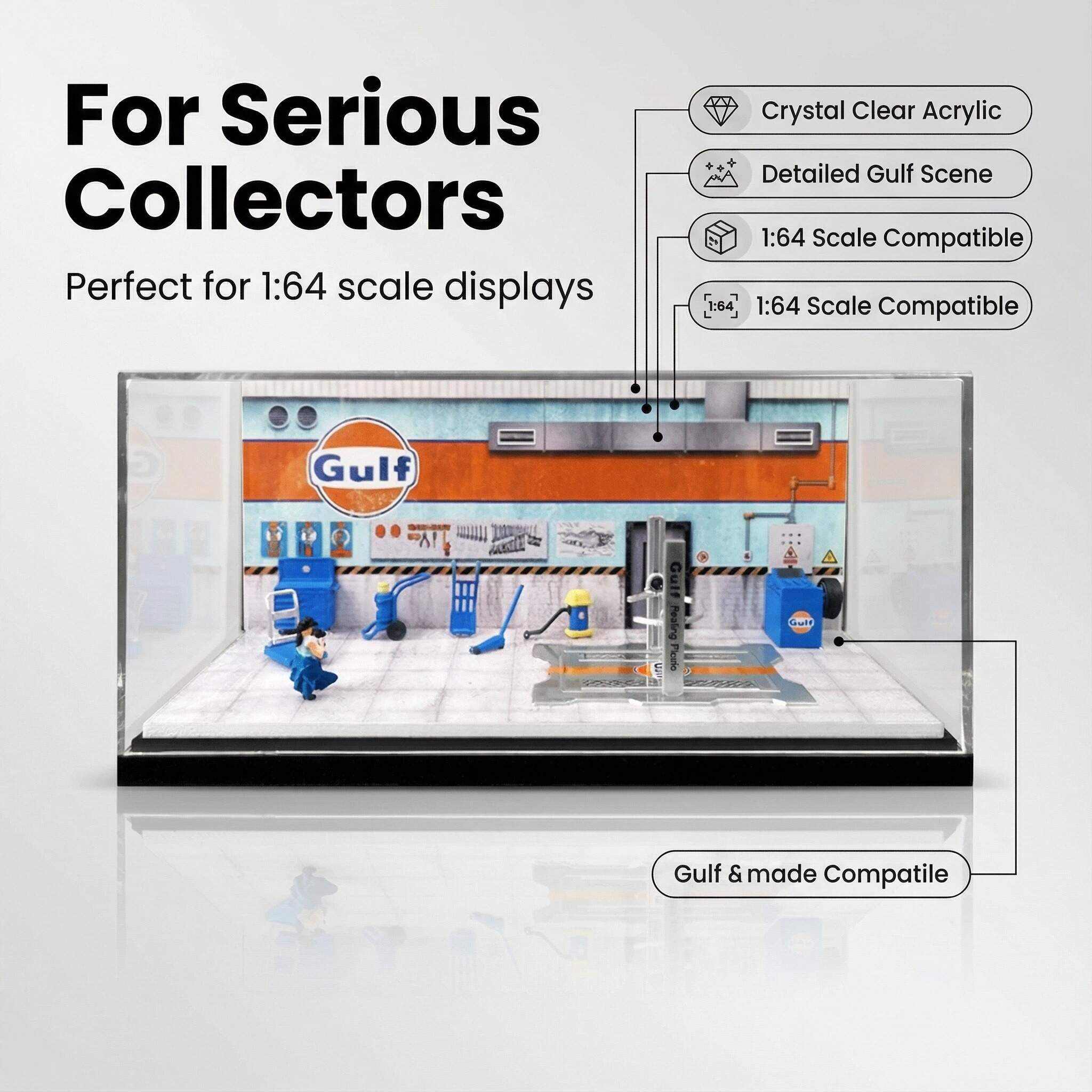 1:64 Scale Classic Oil Service Garage Diorama Display Case – Vintage Workshop Scene for Diecast Cars