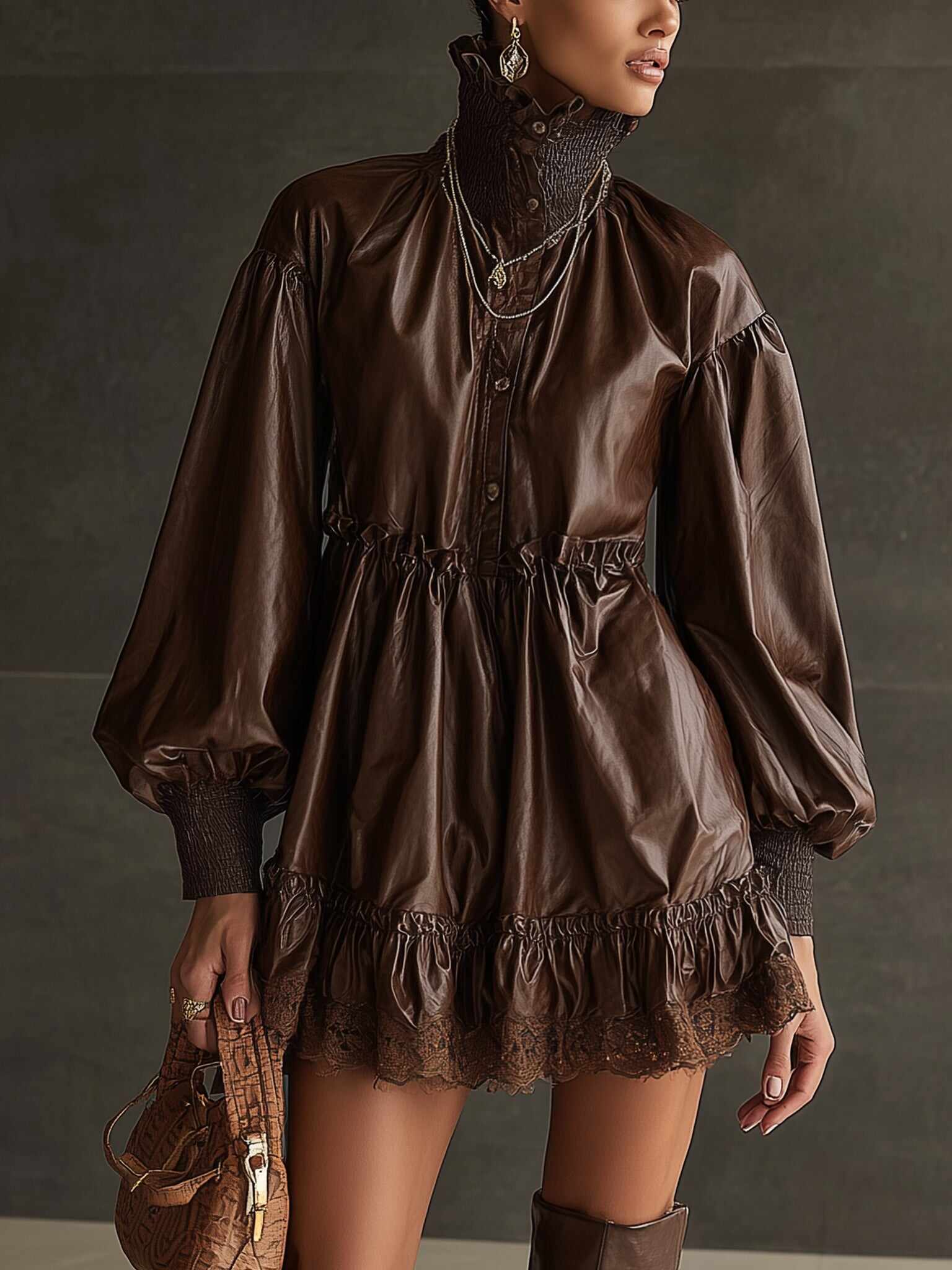 Chocolate Leather Lace Ruffle Long Sleeve Mini Dress