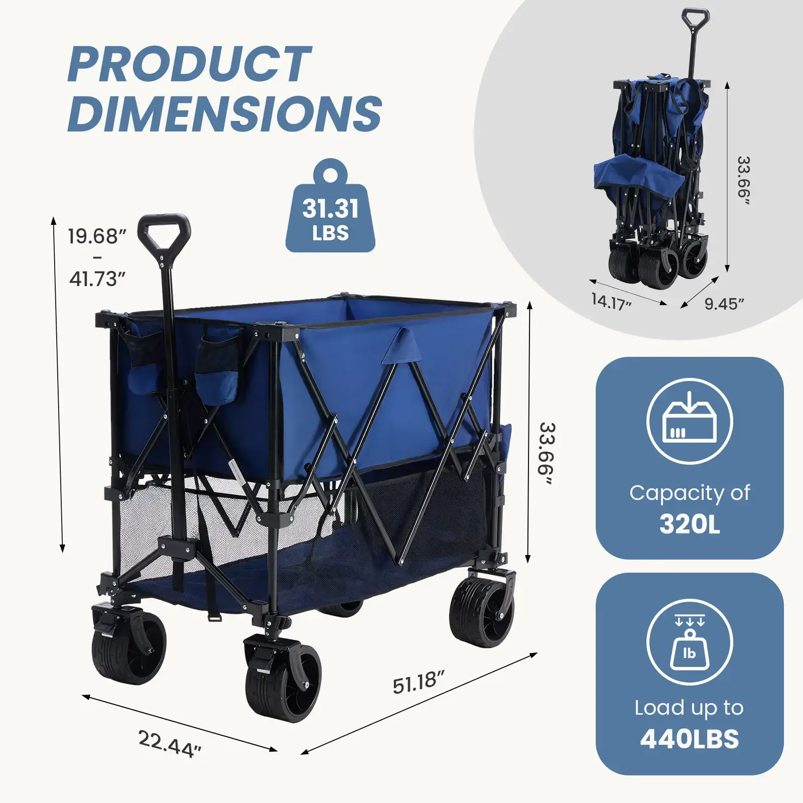 320L Outdoor Folding Double-Decker Wagon with Brakes, 440 lbs Capacity, Flexible Handle, All-Terrain Big Wheels, Compact Pack & Foldable Size for Grocery, Camping