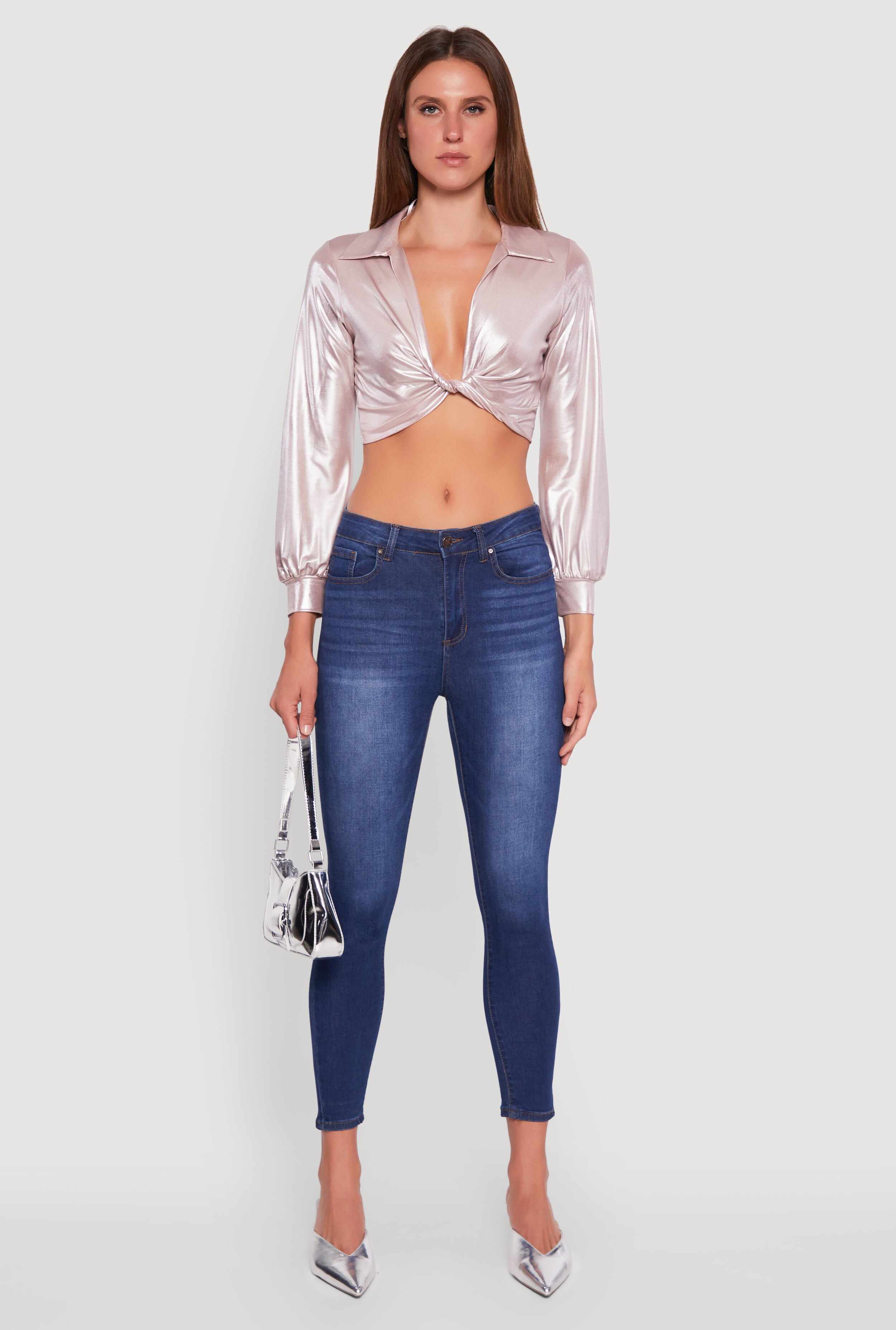 Bubble Sleeve Twist Front Plunge Crop Top