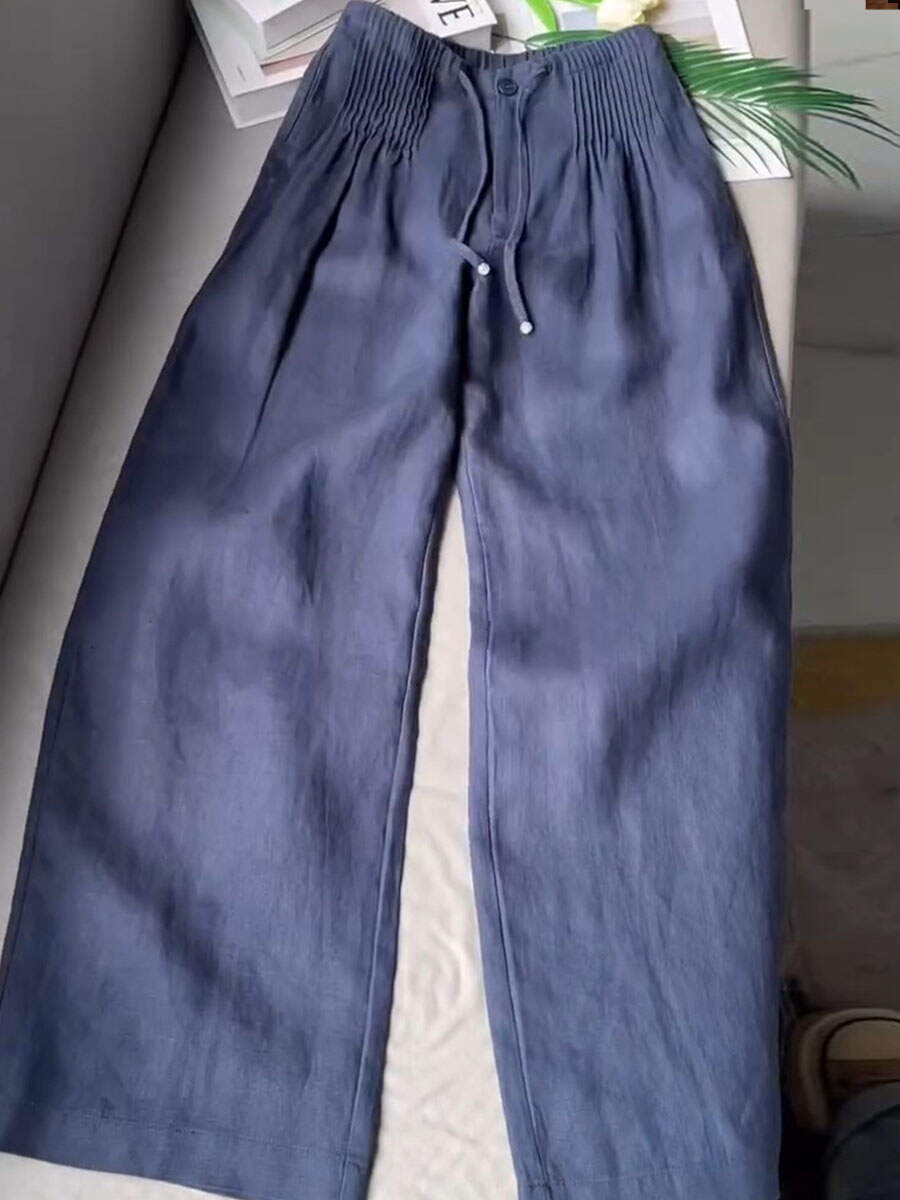 🔥Summer Arrivals🌟Women's Solid Color Pleated Drawstring Casual Cotton and Linen Wide Leg Pants