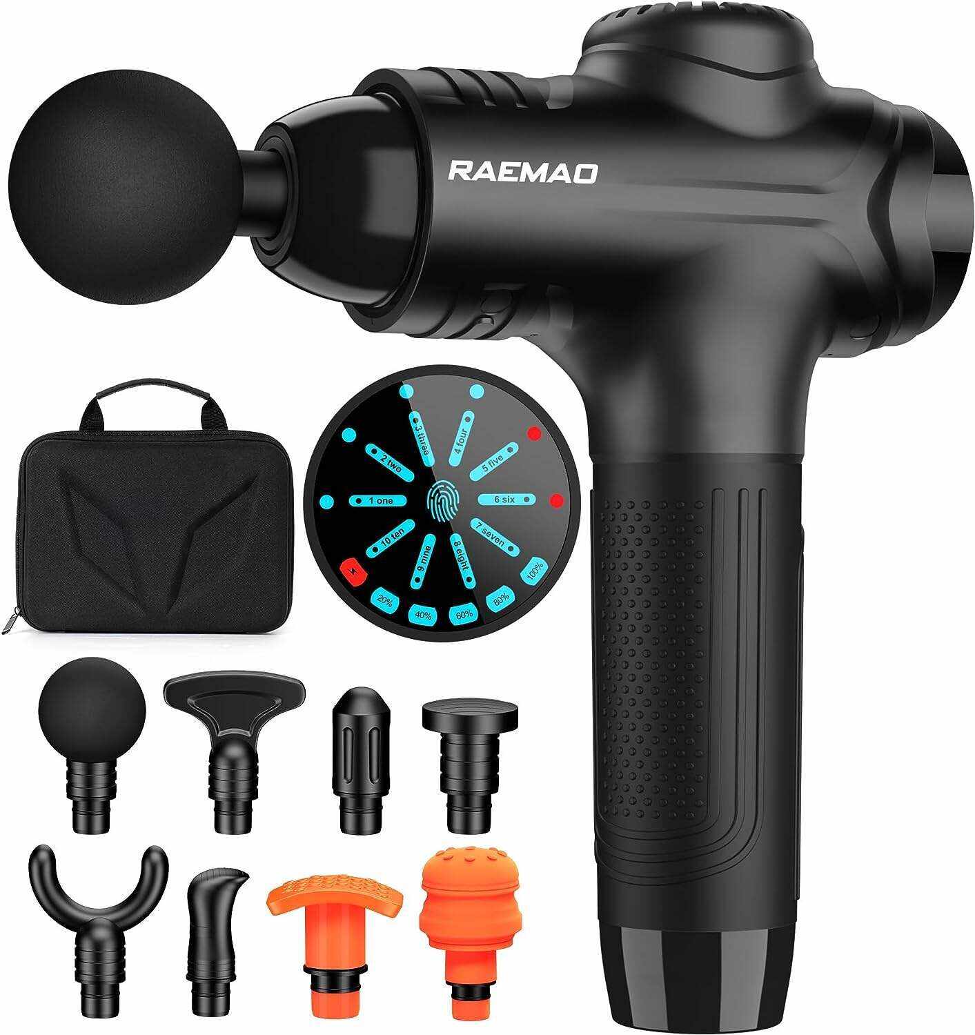 RAEMAO Massage Gun Deep Tissue, Back Massage Gun for Athletes for Pain Relief Attaching 8 PCS Specialized Replacement Heads, Percussion Massager with 10 Speeds & LED Screen, Carbon