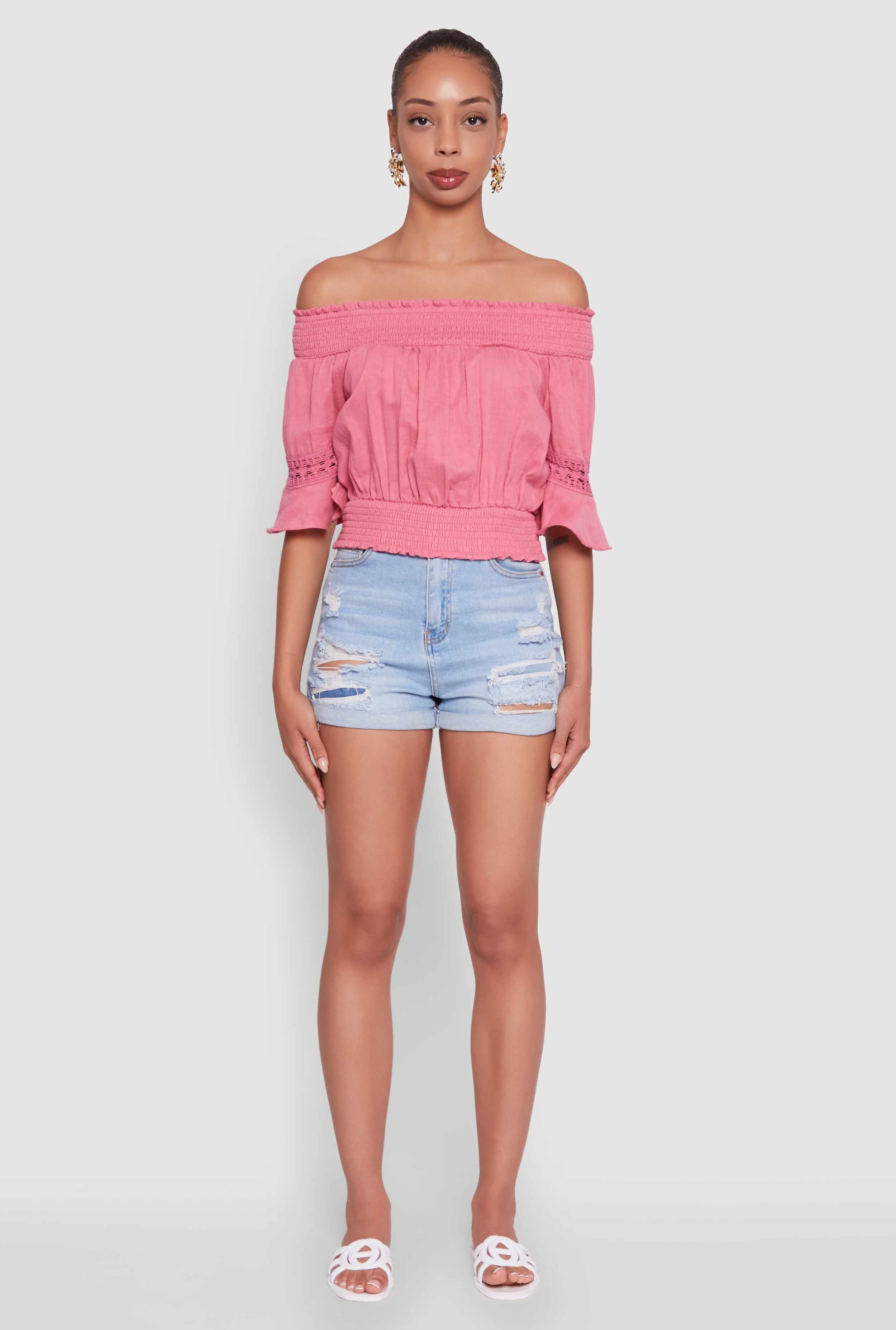 Off The Shoulder Smocked Cropped Peasant Top