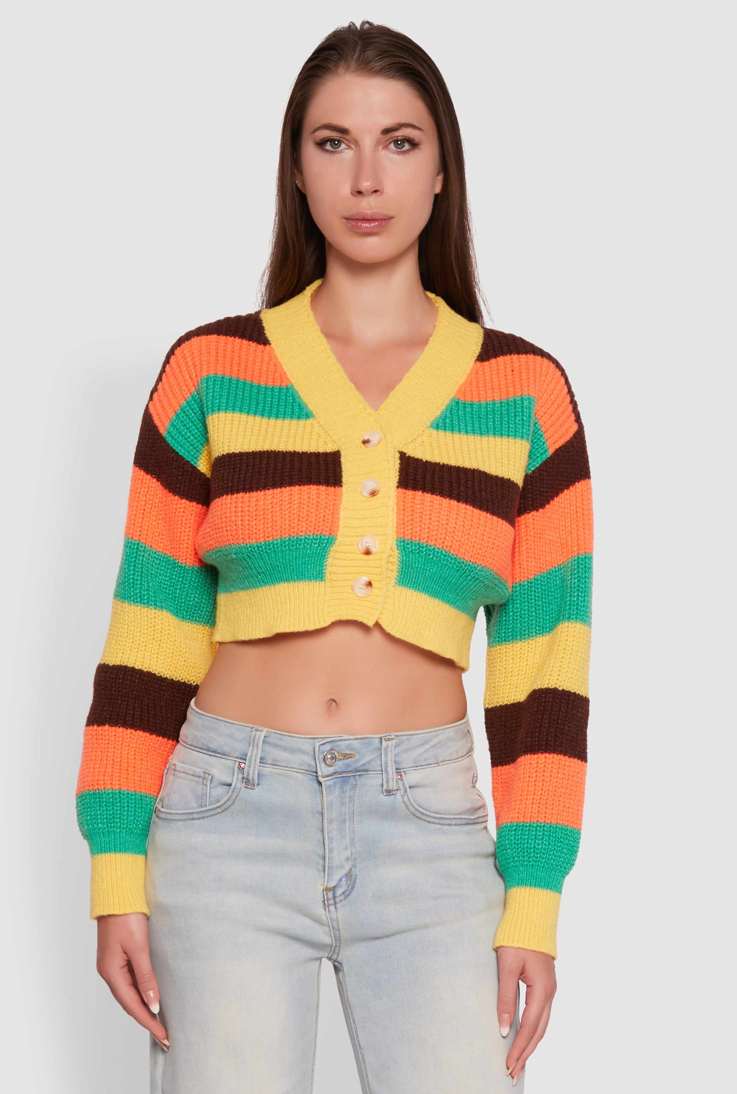 Daisy Striped V-Neck Button Front Cropped Cardigan