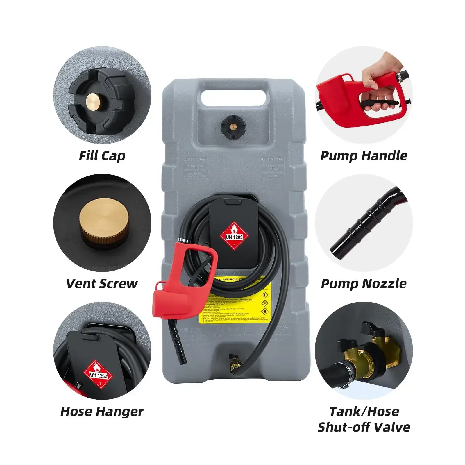 15 Gallon Portable Fuel Caddy with 10-ft Hose, Siphon Pump, and 7.5 L/min Manual Nozzle, Available in Gray, Red, and Yellow for Efficient Fuel Transfer and Storage.