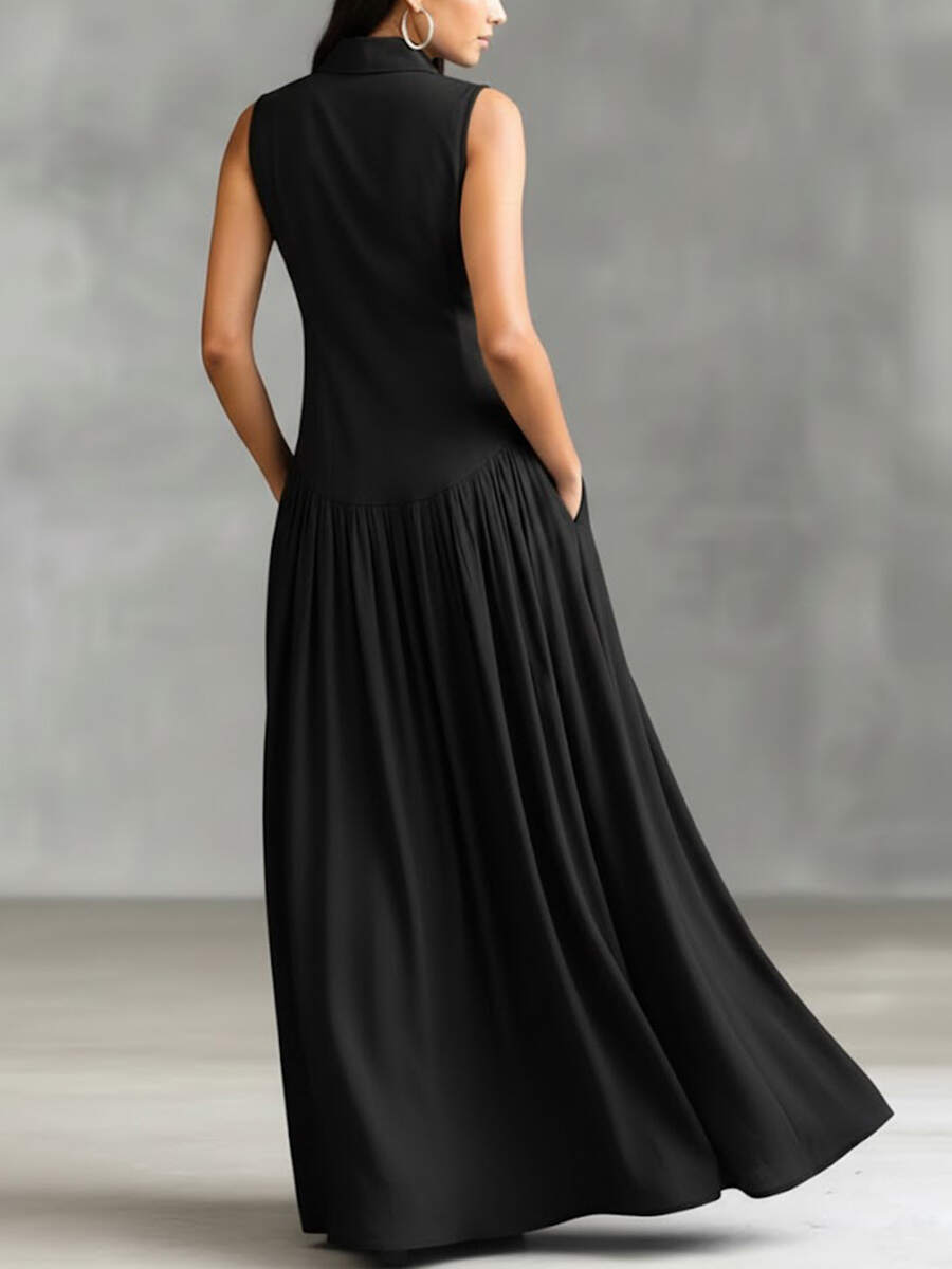 🔥Summer Arrivals🌟Women's Solid Color Lapel Sleeveless Casual Loose Cotton Dress