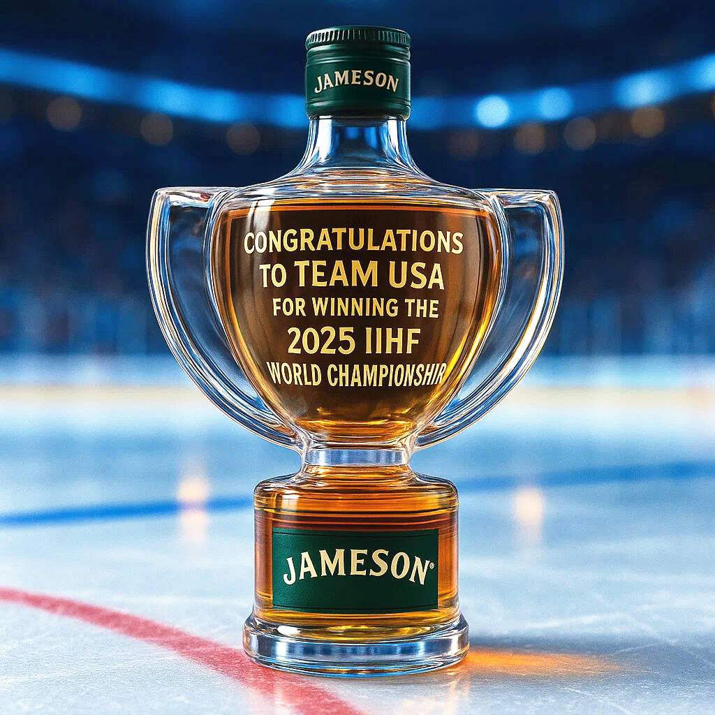 Whiskey bottle commemorating Team USA's win of the 2025 IIHF World Championship