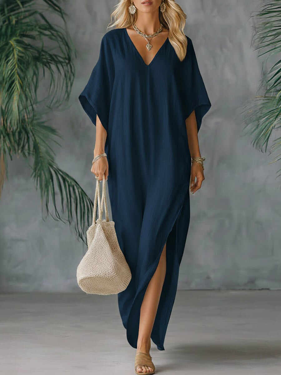 🔥Summer Arrivals🌟Women's Solid Color V-neck 3/4 Sleeve Casual Loose Cotton And Linen Dress