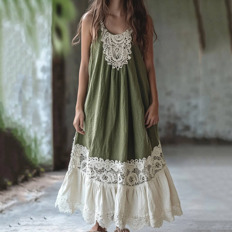 Vintage Vintage Embroidered Lace Patchwork Art Maxi Dress
