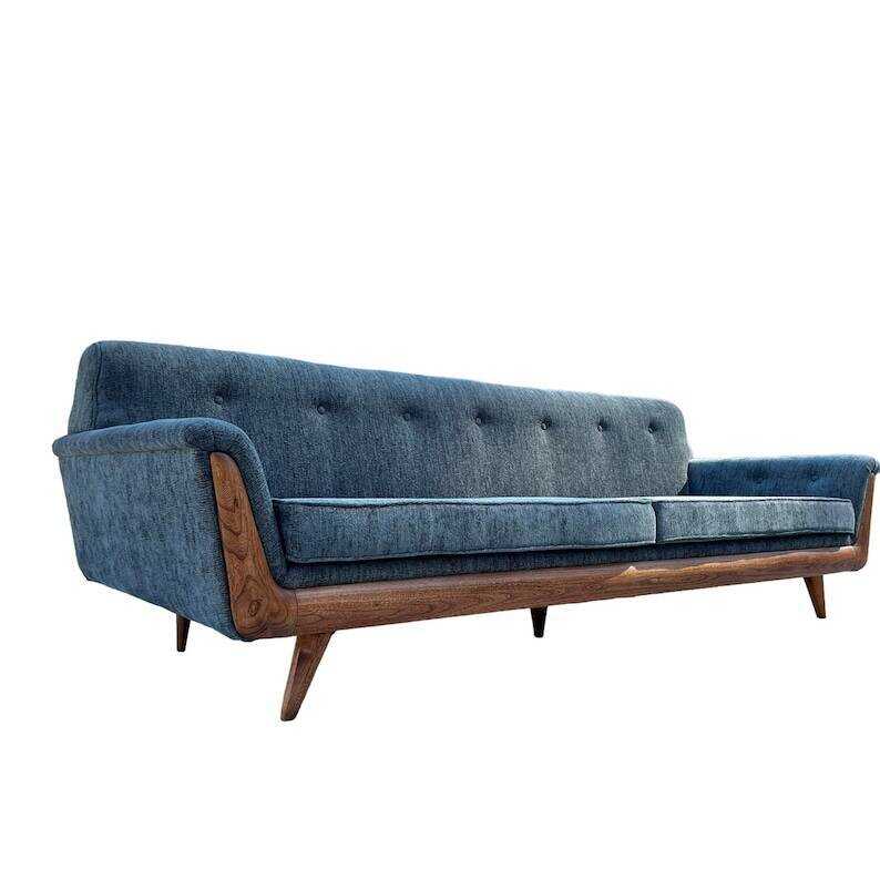 Vintage Mid-Century Modern Re-Upholstered Pearsall Style Blue Gondola Sofa
