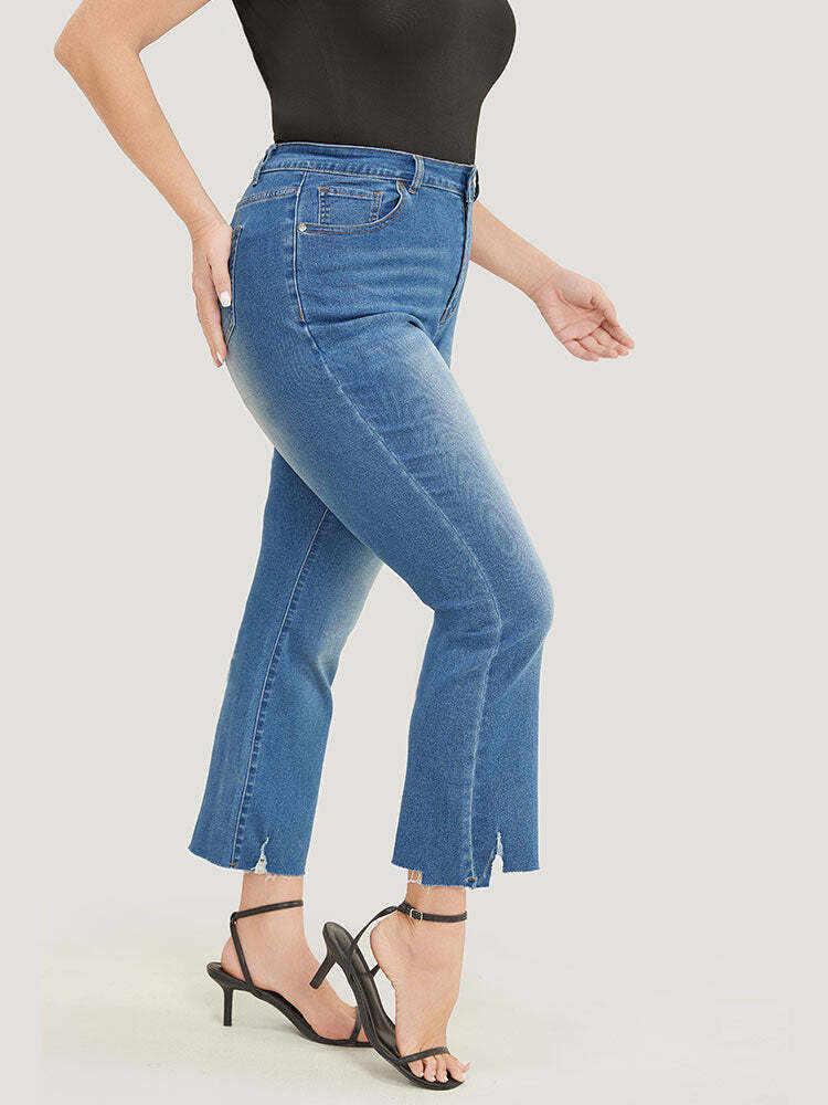 Bootcut Very Stretchy High Rise Medium Wash Distressed Hem  Jeans