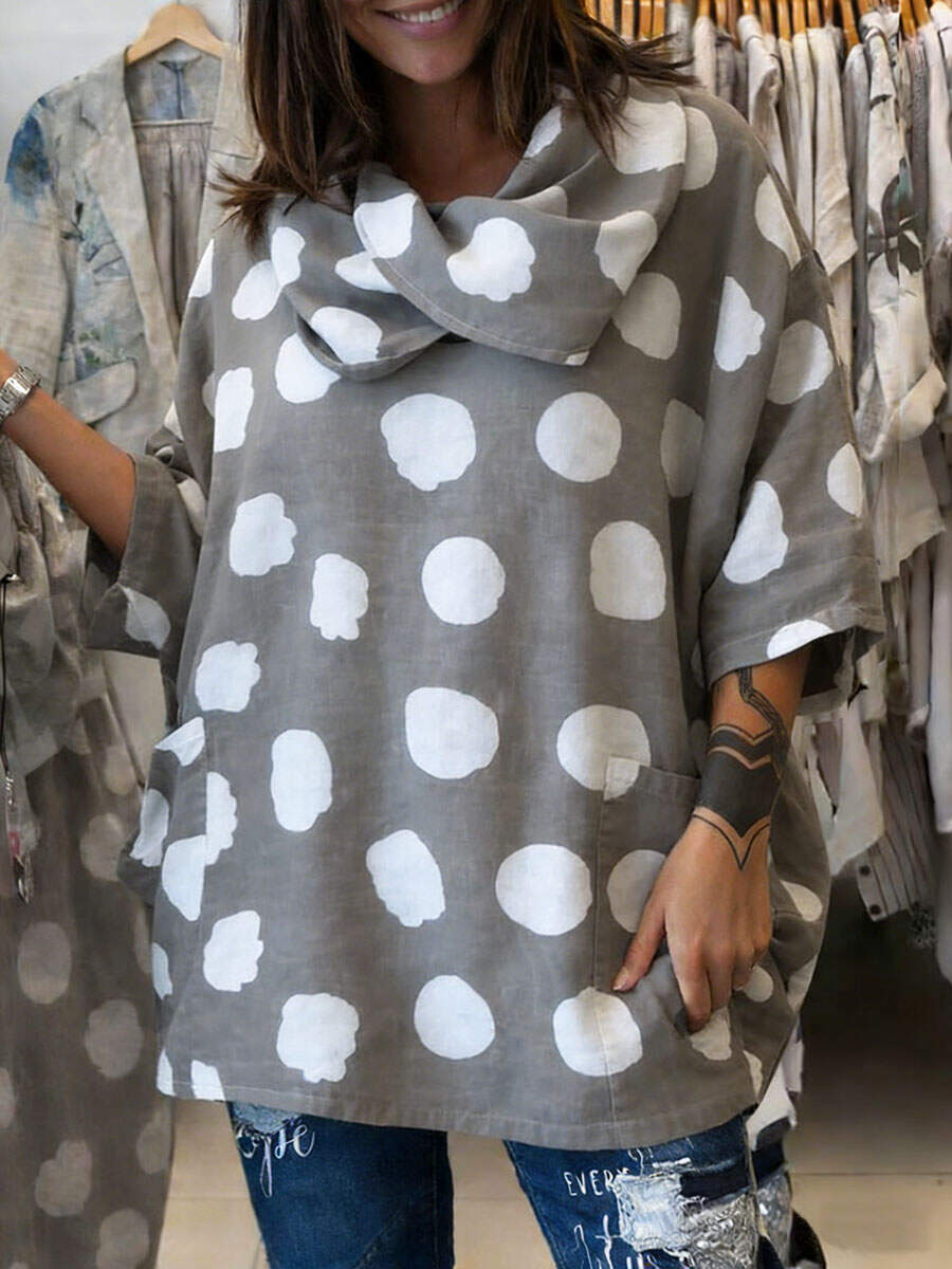 🔥Summer Arrivals🌟Women's Polka Dot Print Swing Collar 3/4 Sleeve Casual Loose Cotton And Linen Top