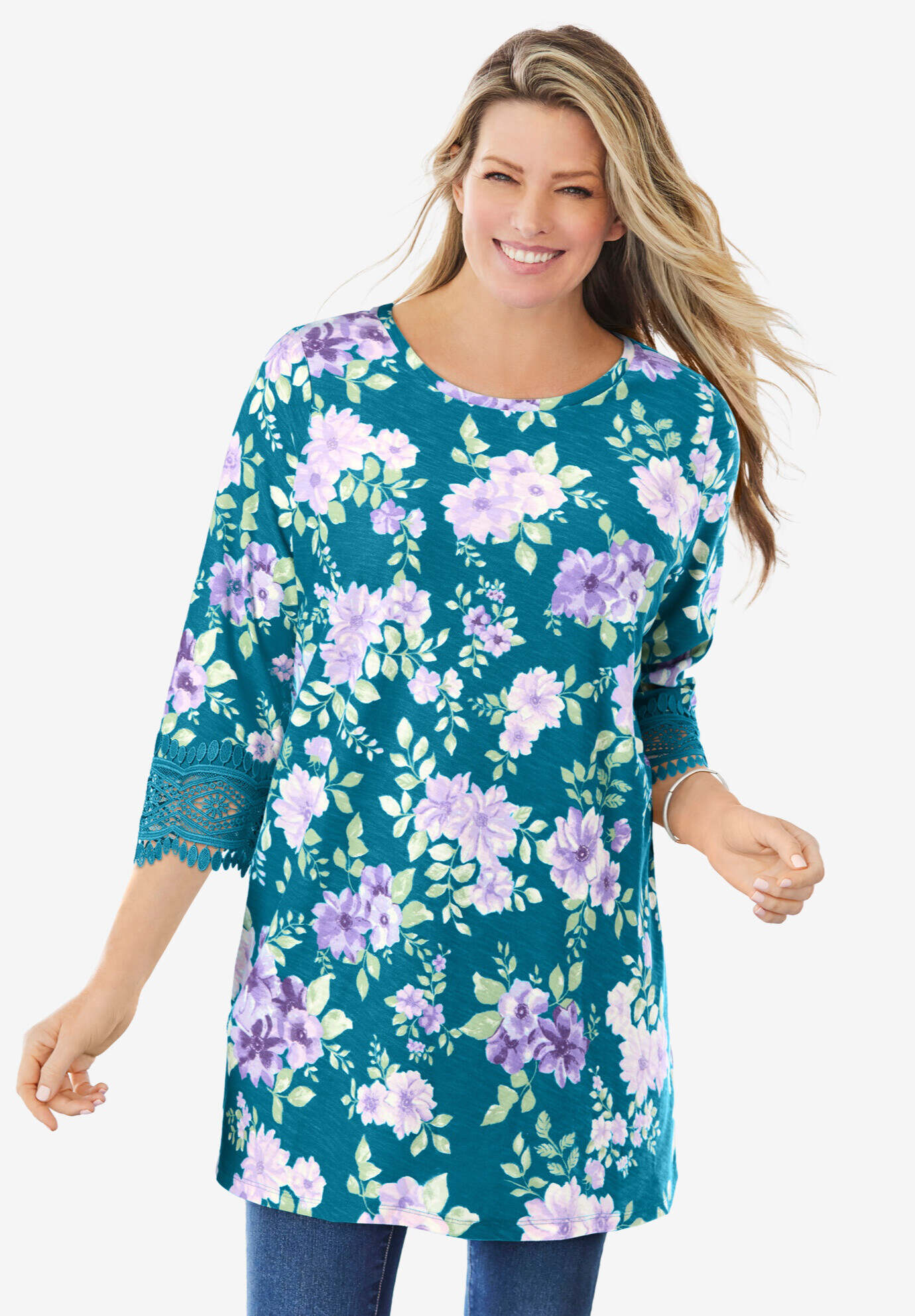 Crochet-Trim Three-Quarter Sleeve Tunic