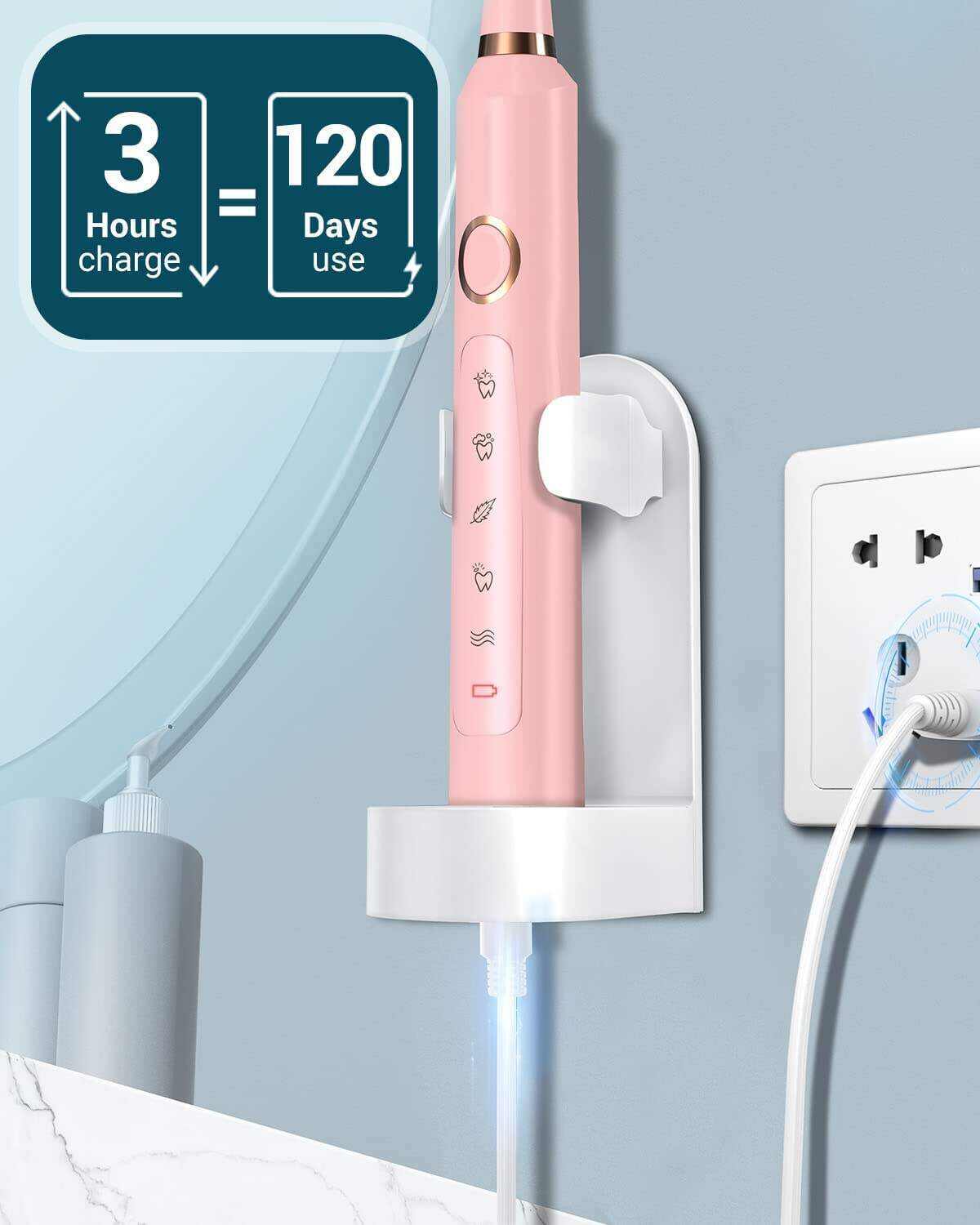 Sonic Electric Toothbrush for Adults - Rechargeable Electric Toothbrushes with 8 Brush Heads, & Travel Case,Teeth Whitening , Power Electric Toothbrush with Holder, Once Charge for 120 Days - H8 Pink