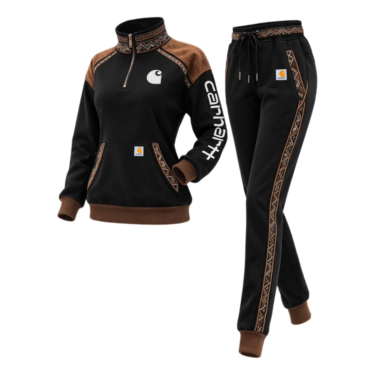 Women's Retro Ethnic Style Half-Zip Stand Collar Sweatshirt And Trousers Set- White