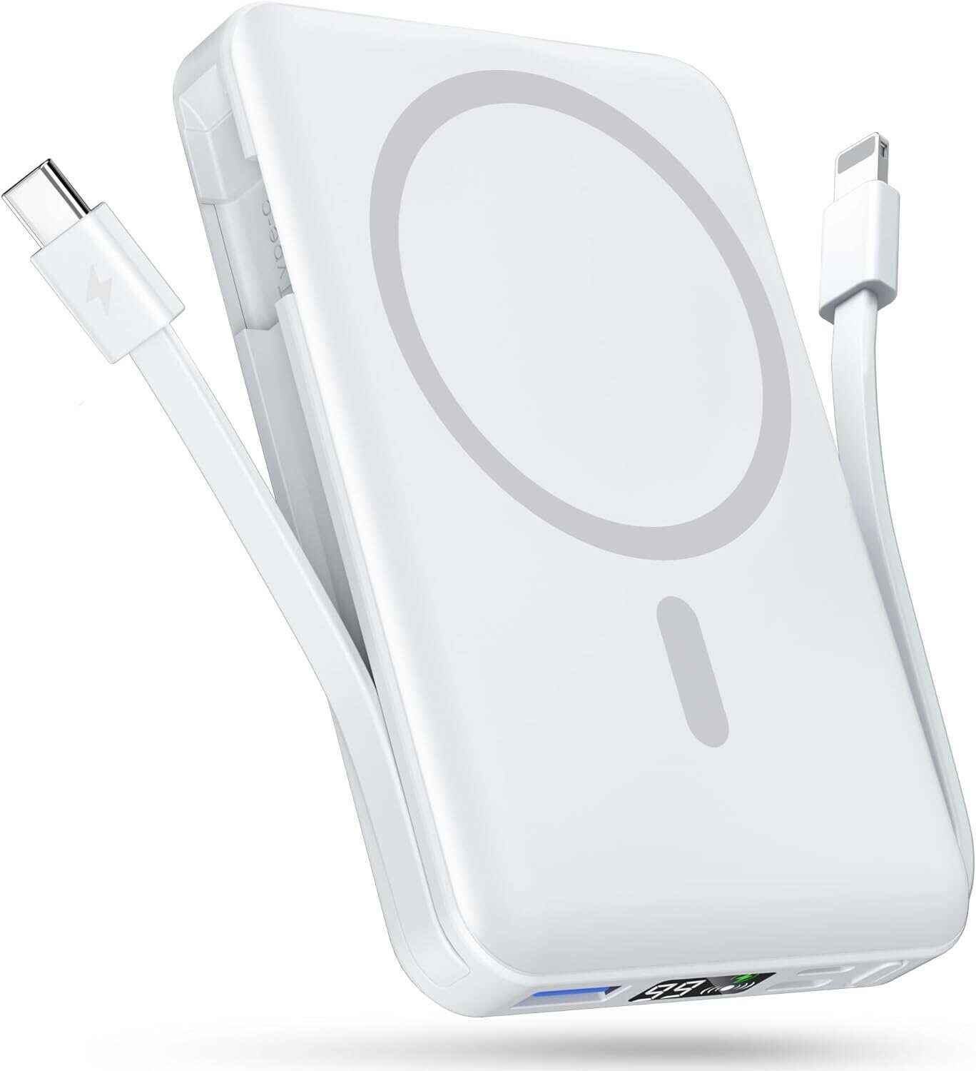 podoru Wireless Portable Charger, 10000mAh Magnetic Power Bank Built-in USB-C Lighting Cables 22.5W PD Fast Charging LED Display Mag-Safe Battery Pack for iPhone 15/14/13/12/Mini/Pro/Pro Max - White