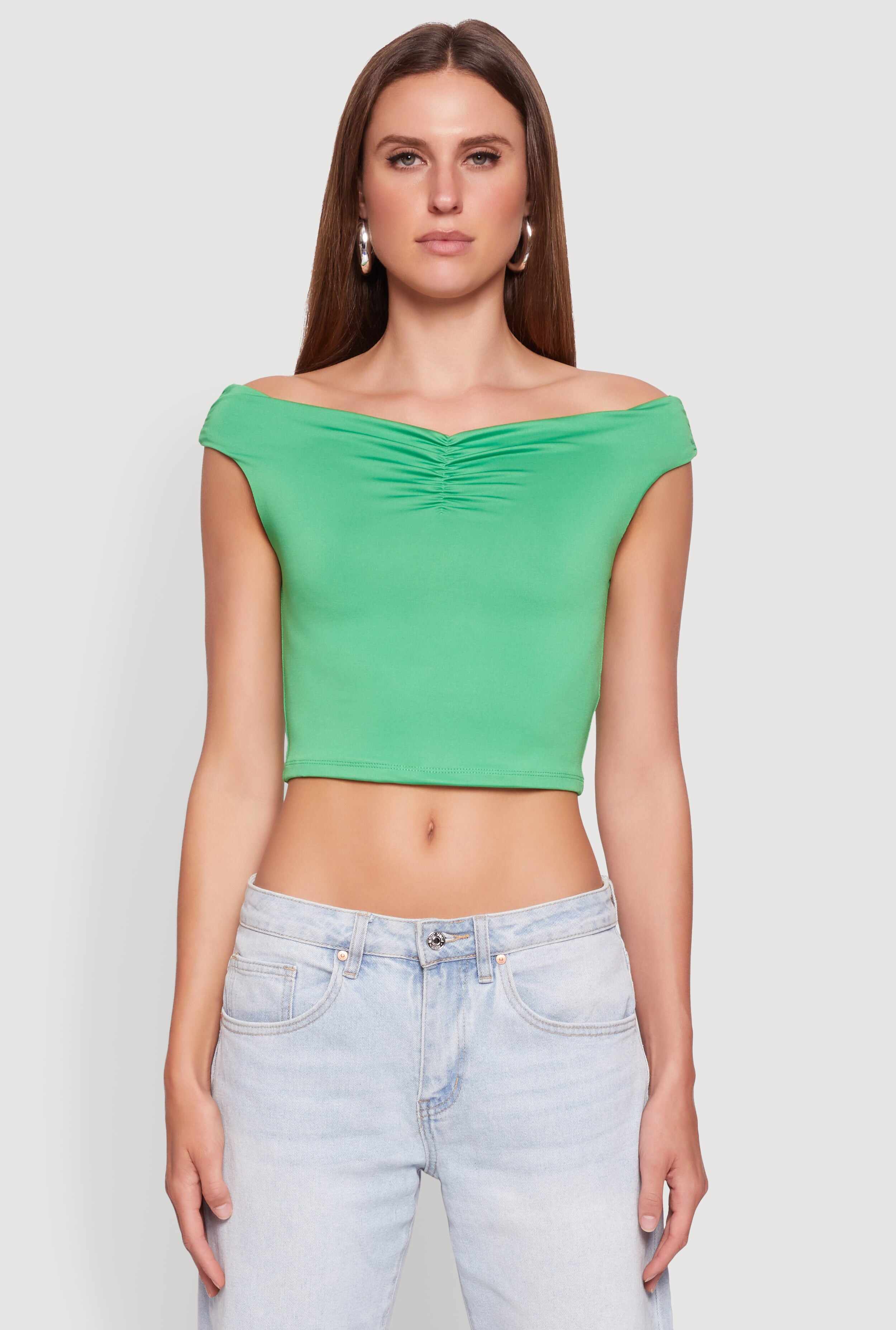 Solid Ruched Off Shoulder Crop Top