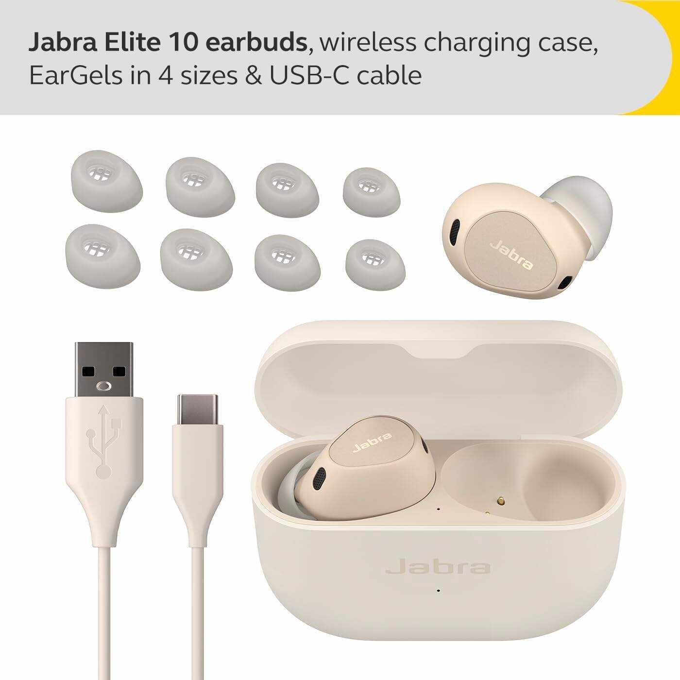 Jabra Elite 10 True Wireless Earbuds – Advanced Active Noise Cancelling Earbuds with Next-Level Dolby Atmos Surround Sound –All-Day Comfort, Multipoint Bluetooth, Wireless Charging – Cream