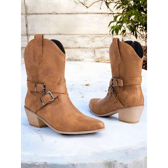 Women's Black Western Ankle Cowboy Boots with Buckle Details for Fashion and Casual Wear