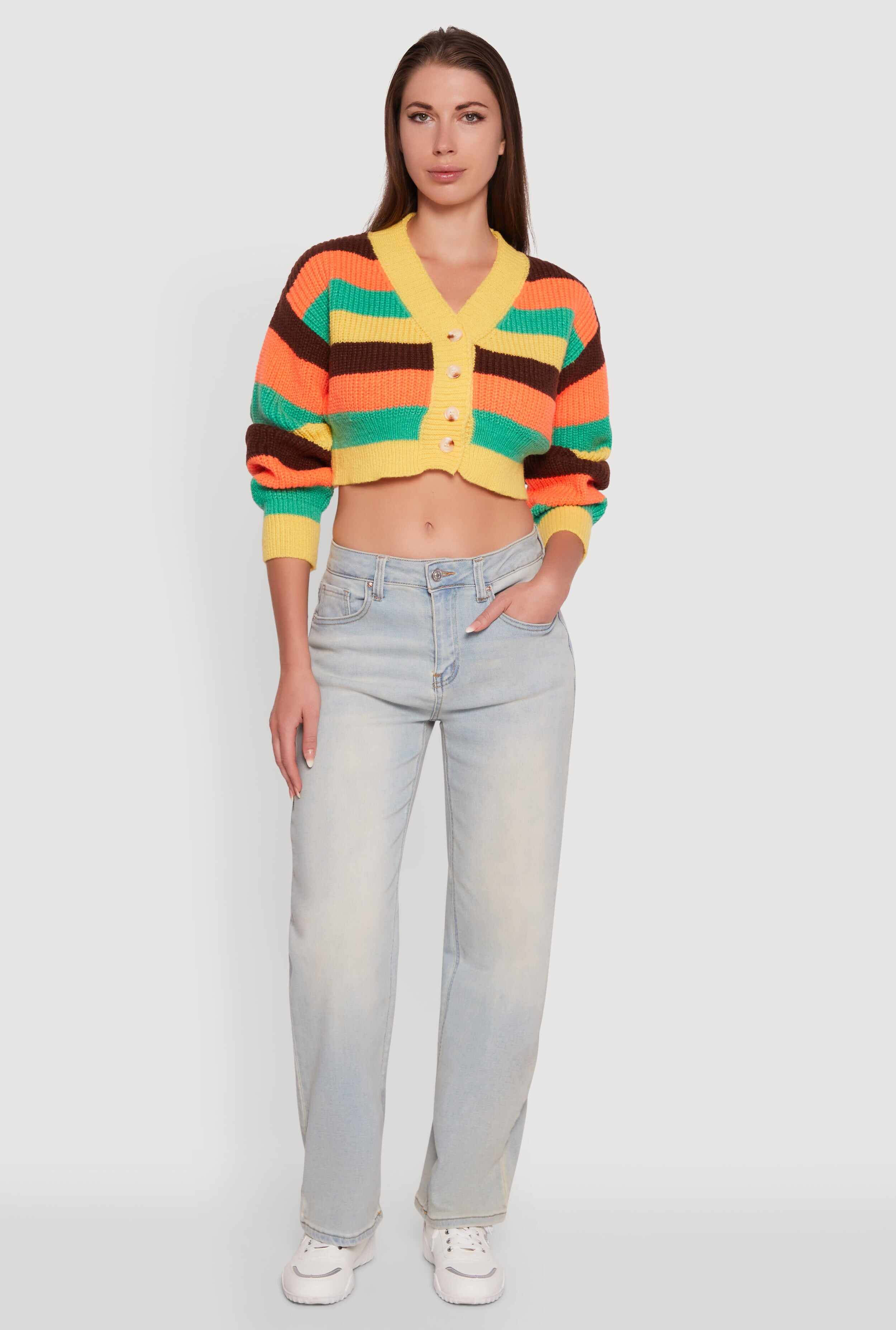 Daisy Striped V-Neck Button Front Cropped Cardigan