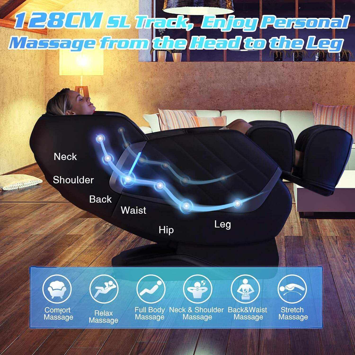 HealthRelife Massage Chair Zero Gravity, Full Body Recliner with Heat Air Pressure SL Track 24 Airbags, Shiatsu Foot Roller Massage Thai-Stretch Bluetooth Speaker, Black&Grey