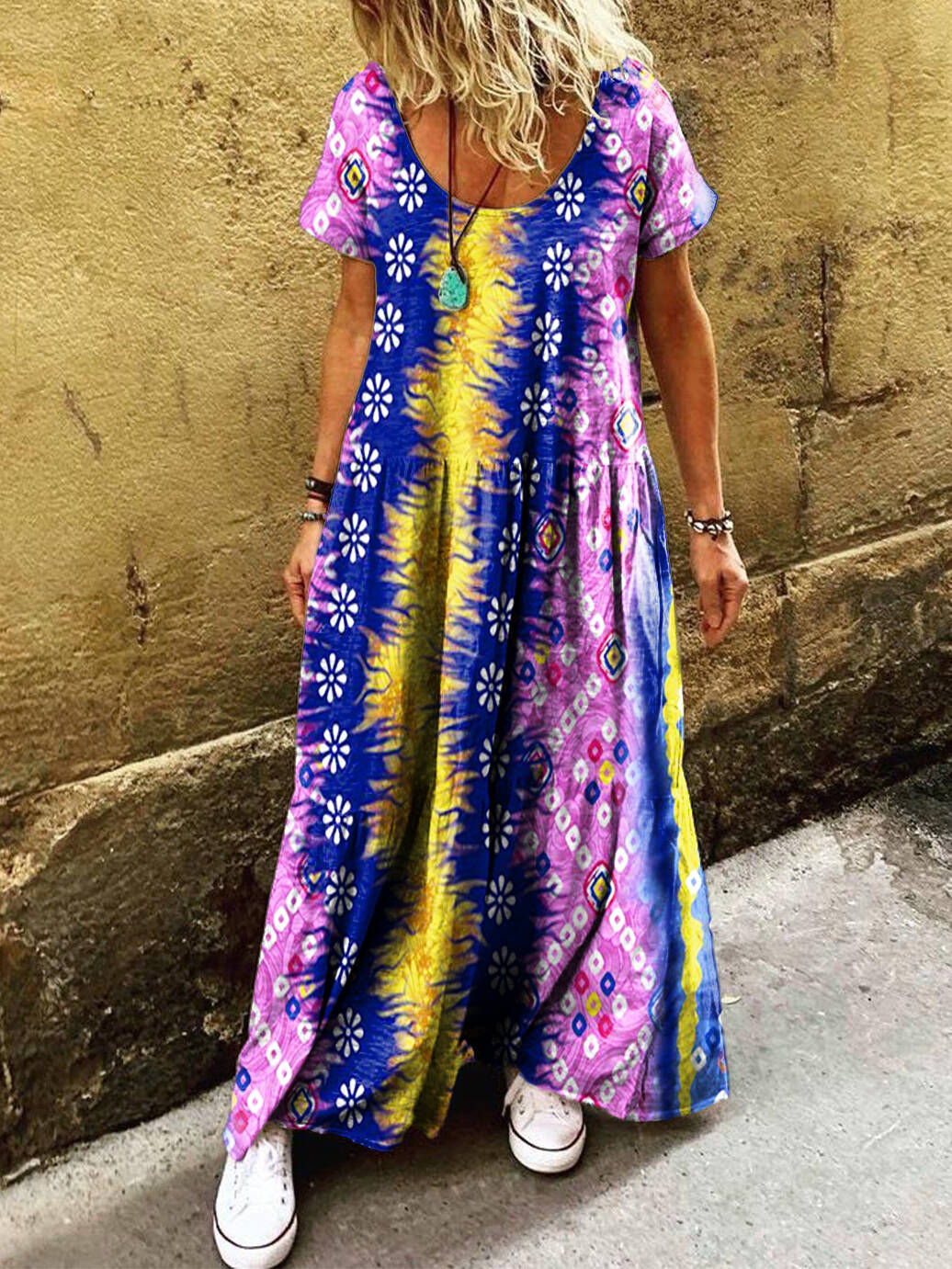 Women's Ethnic Gradient Tie-dye Art Print Pocket Short Sleeve Cotton Dress